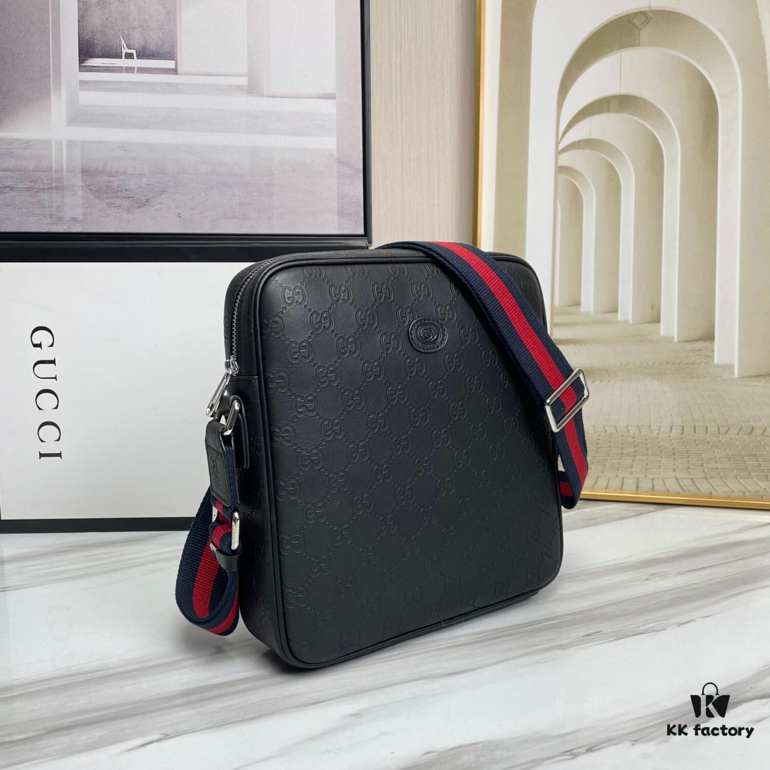 Crossbody Bag Model 7019-4# Black Full-Grain High-End Cowhide #Top-Quality Original Design Gucci GUCCI Cabinet Popular Style