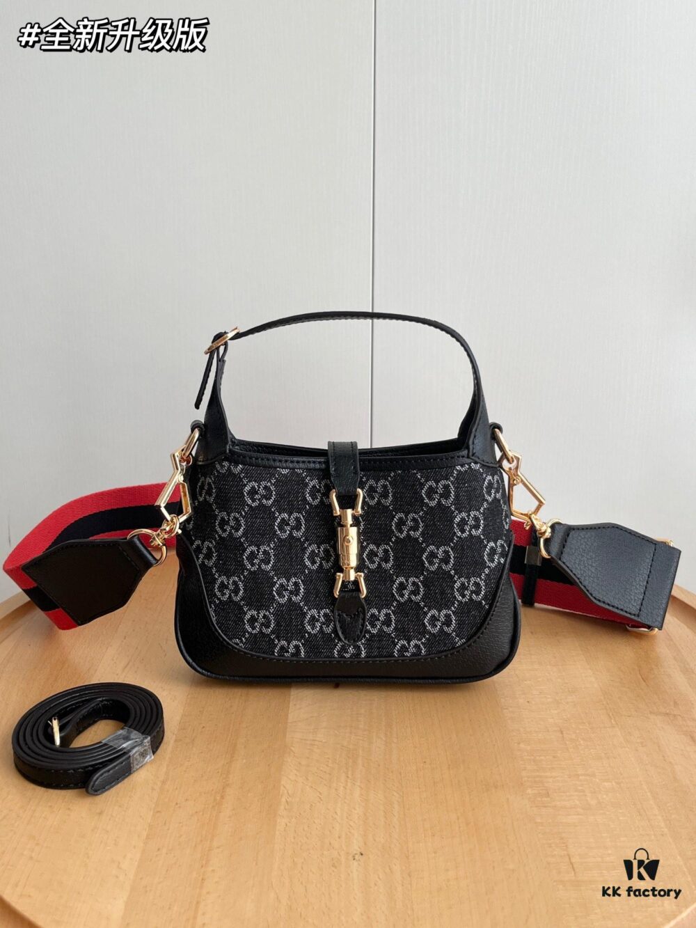 Authentic Shot # (Double Shoulder Strap) - Gucci Jackie 1961 Small Bag in Black and Ivory GG Denim Jacquard
