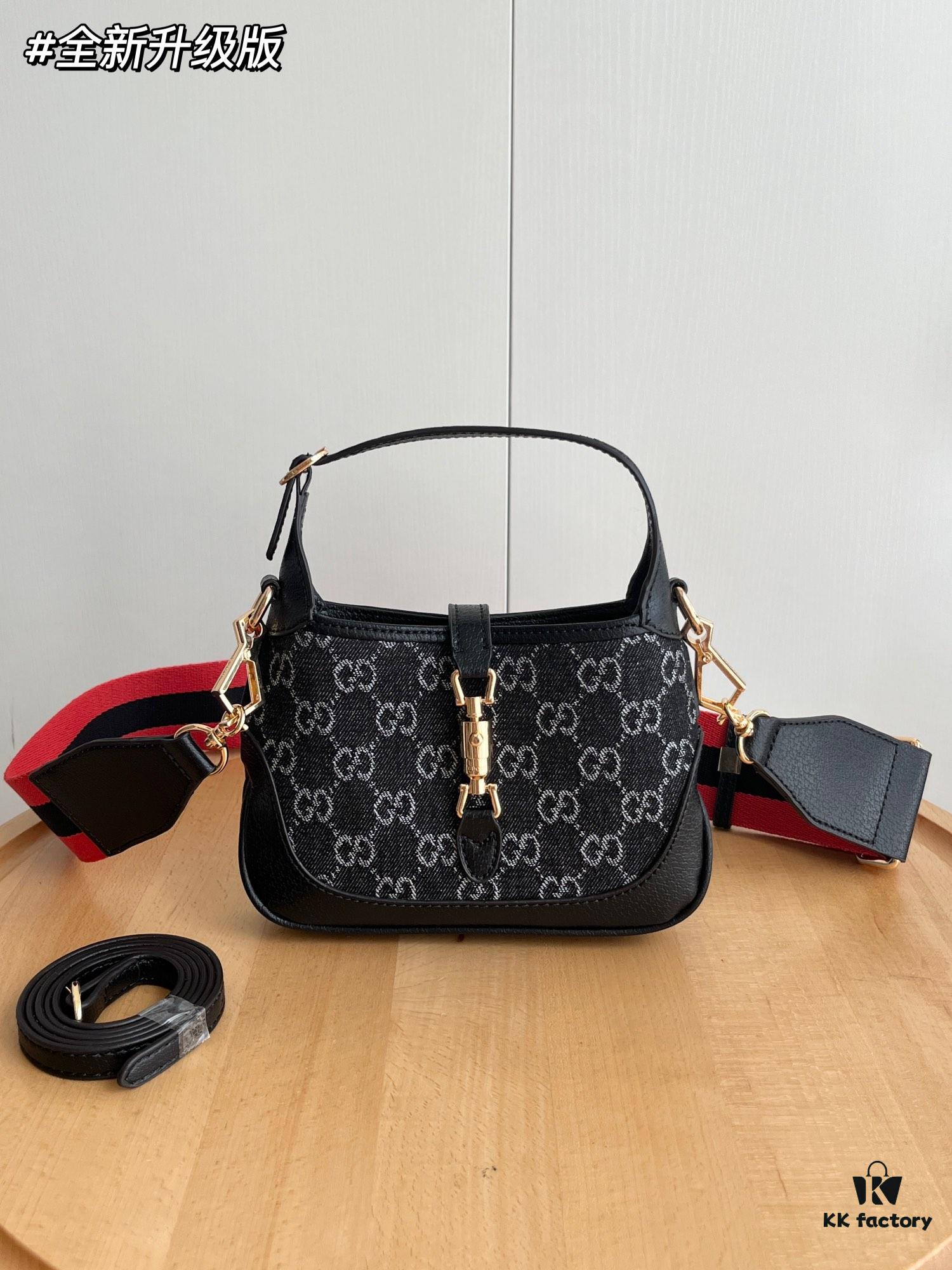 Authentic Shot # (Double Shoulder Strap) - Gucci Jackie 1961 Small Bag in Black and Ivory GG Denim Jacquard