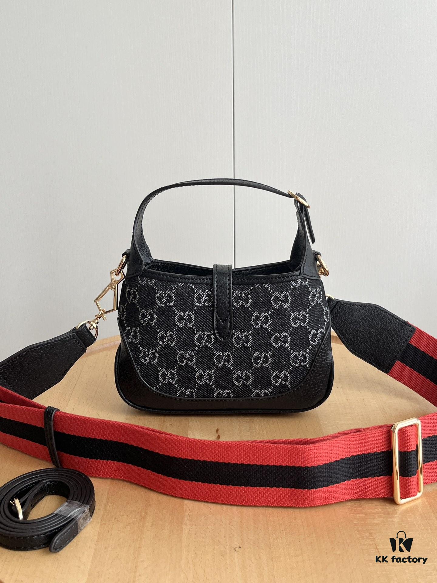Authentic Shot # (Double Shoulder Strap) - Gucci Jackie 1961 Small Bag in Black and Ivory GG Denim Jacquard