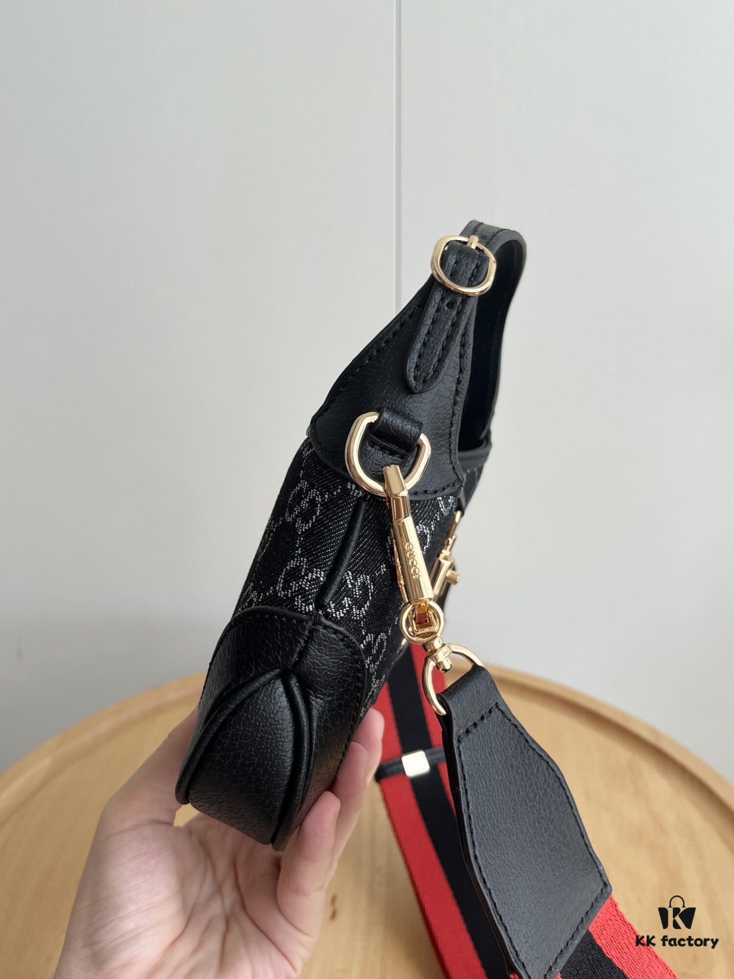 Authentic Shot # (Double Shoulder Strap) - Gucci Jackie 1961 Small Bag in Black and Ivory GG Denim Jacquard