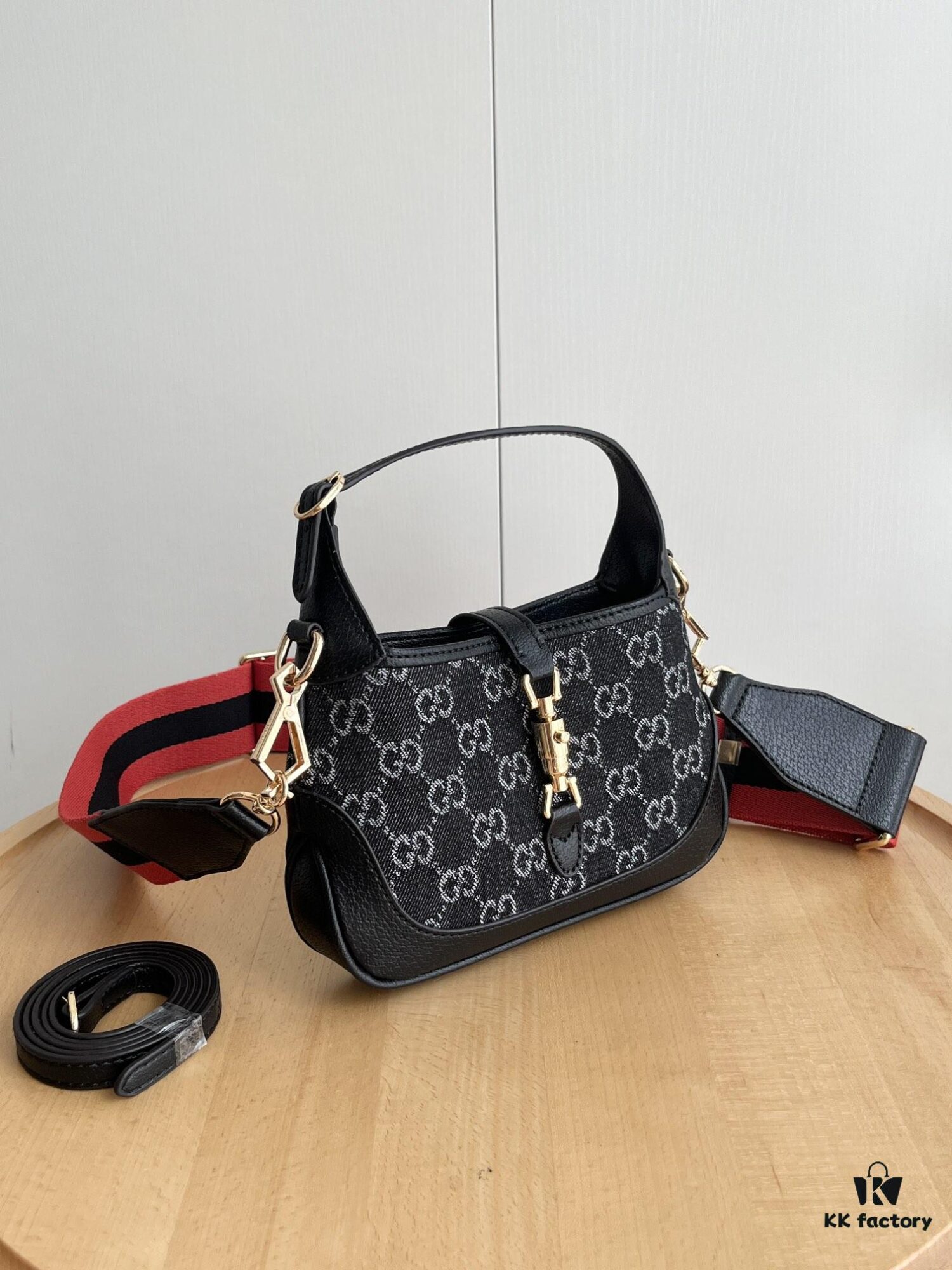 Authentic Shot # (Double Shoulder Strap) - Gucci Jackie 1961 Small Bag in Black and Ivory GG Denim Jacquard