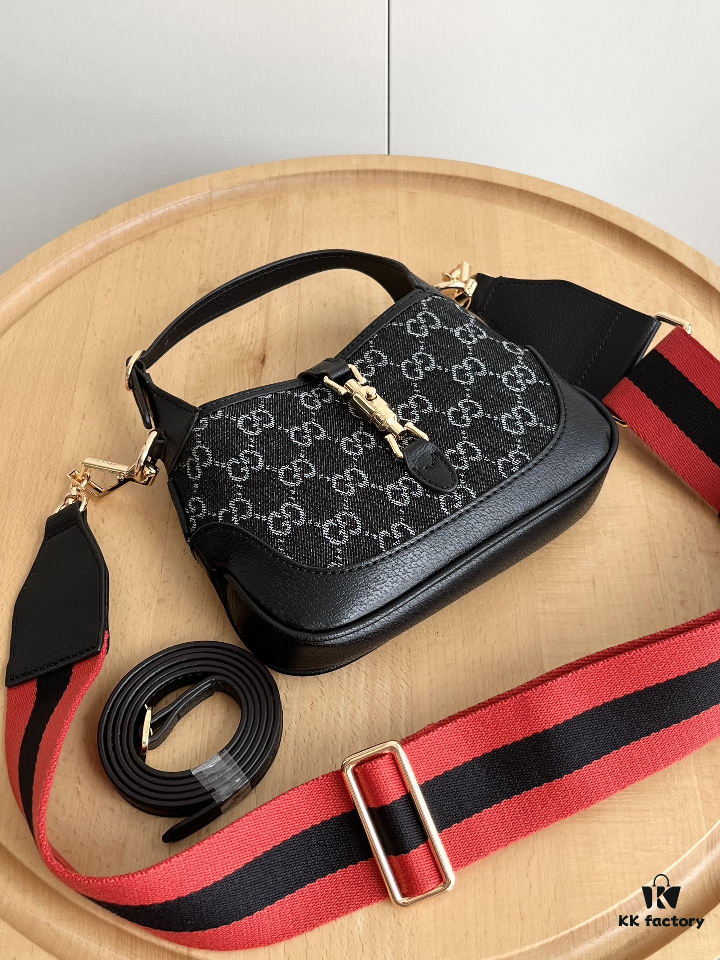 Authentic Shot # (Double Shoulder Strap) - Gucci Jackie 1961 Small Bag in Black and Ivory GG Denim Jacquard