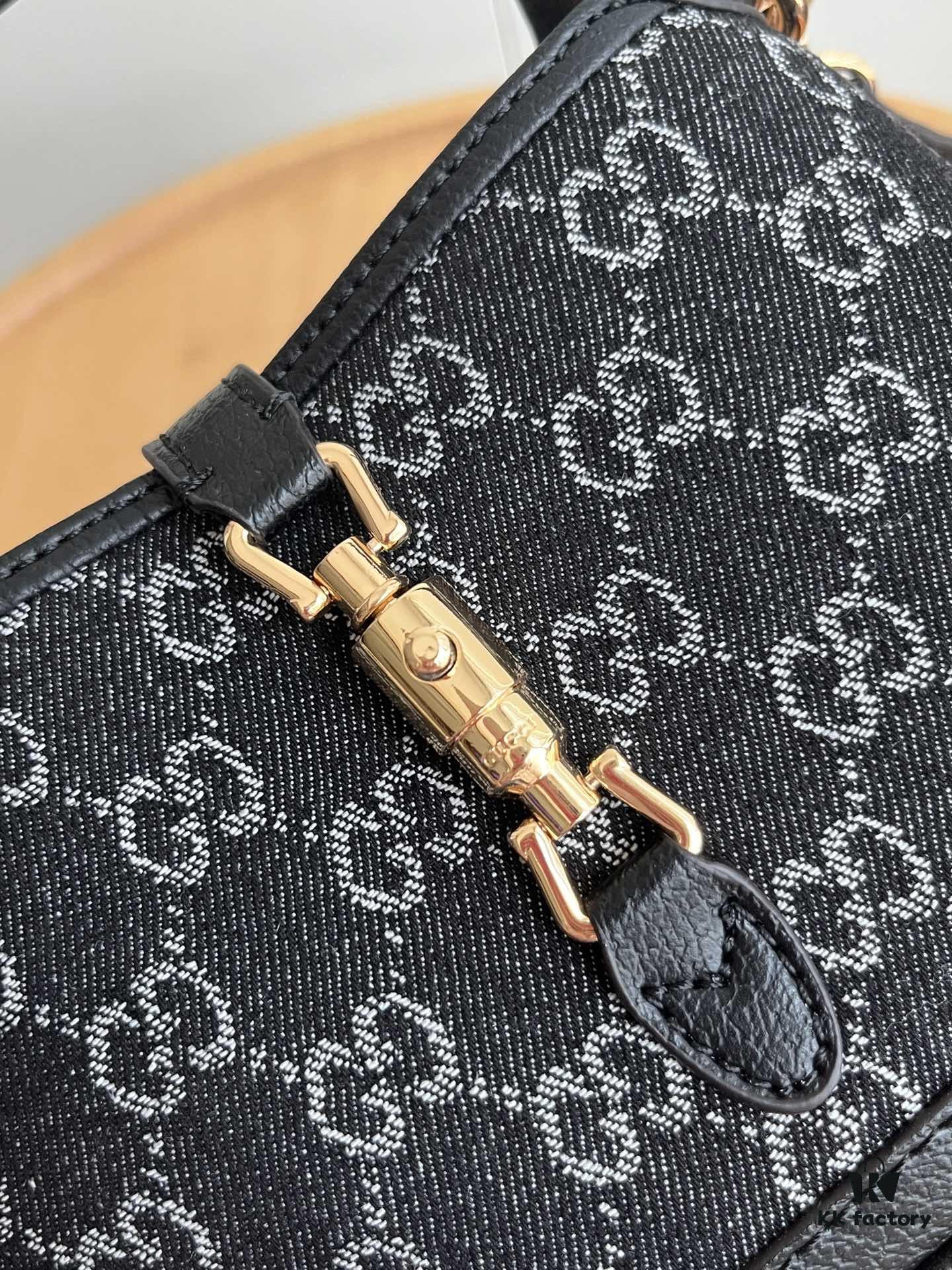 Authentic Shot # (Double Shoulder Strap) - Gucci Jackie 1961 Small Bag in Black and Ivory GG Denim Jacquard