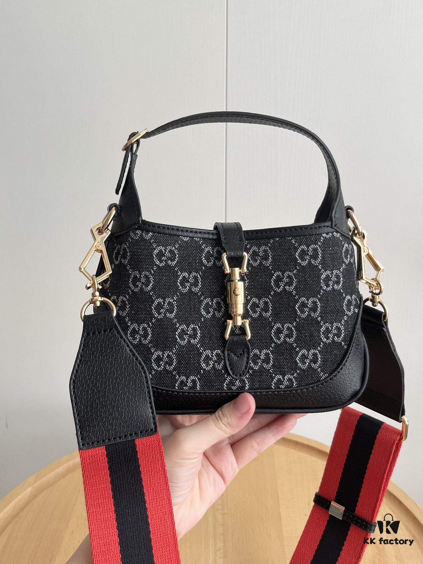 Authentic Shot # (Double Shoulder Strap) - Gucci Jackie 1961 Small Bag in Black and Ivory GG Denim Jacquard