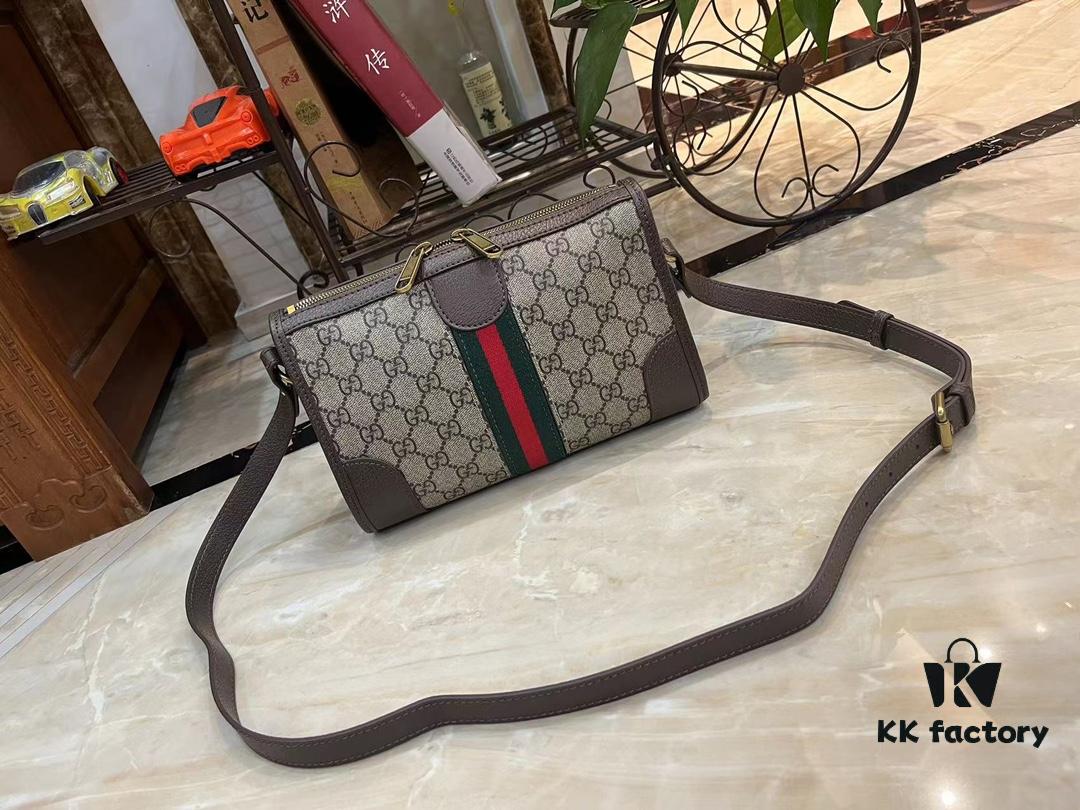 Ophidia Collection Mini Crossbody Bag in Beige and Ebony GG Canvas with Brown Leather Trims