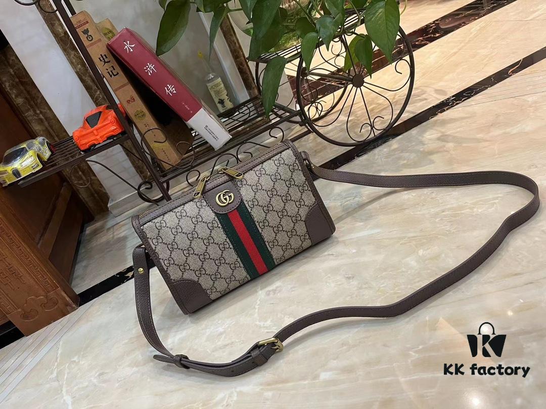 Ophidia Collection Mini Crossbody Bag in Beige and Ebony GG Canvas with Brown Leather Trims