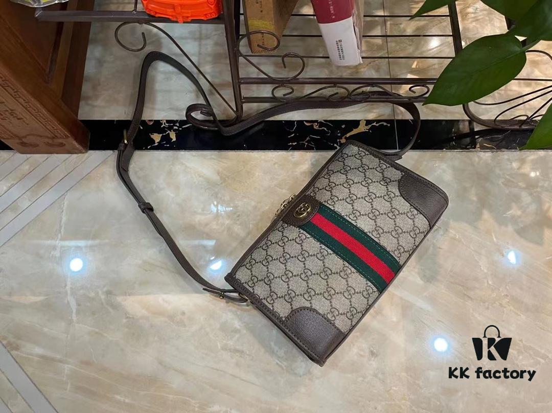 Ophidia Collection Mini Crossbody Bag in Beige and Ebony GG Canvas with Brown Leather Trims