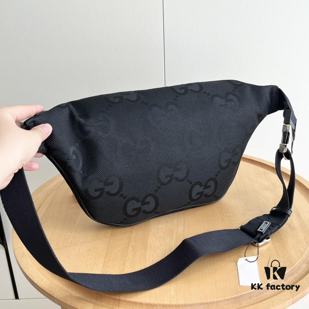 Gucci Super Double G Jumbo Series Waist Bag, Black Webbing Upgrade Version, Original Order Fabric + Tape, Adjustable Belt, Lightweight and High Capacity