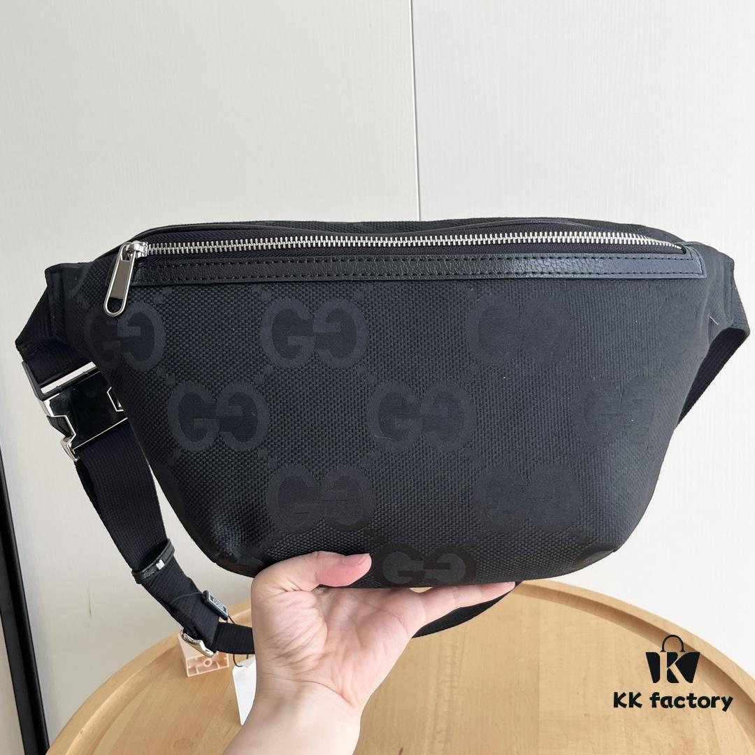 Gucci Super Double G Jumbo Series Waist Bag, Black Webbing Upgrade Version, Original Order Fabric + Tape, Adjustable Belt, Lightweight and High Capacity