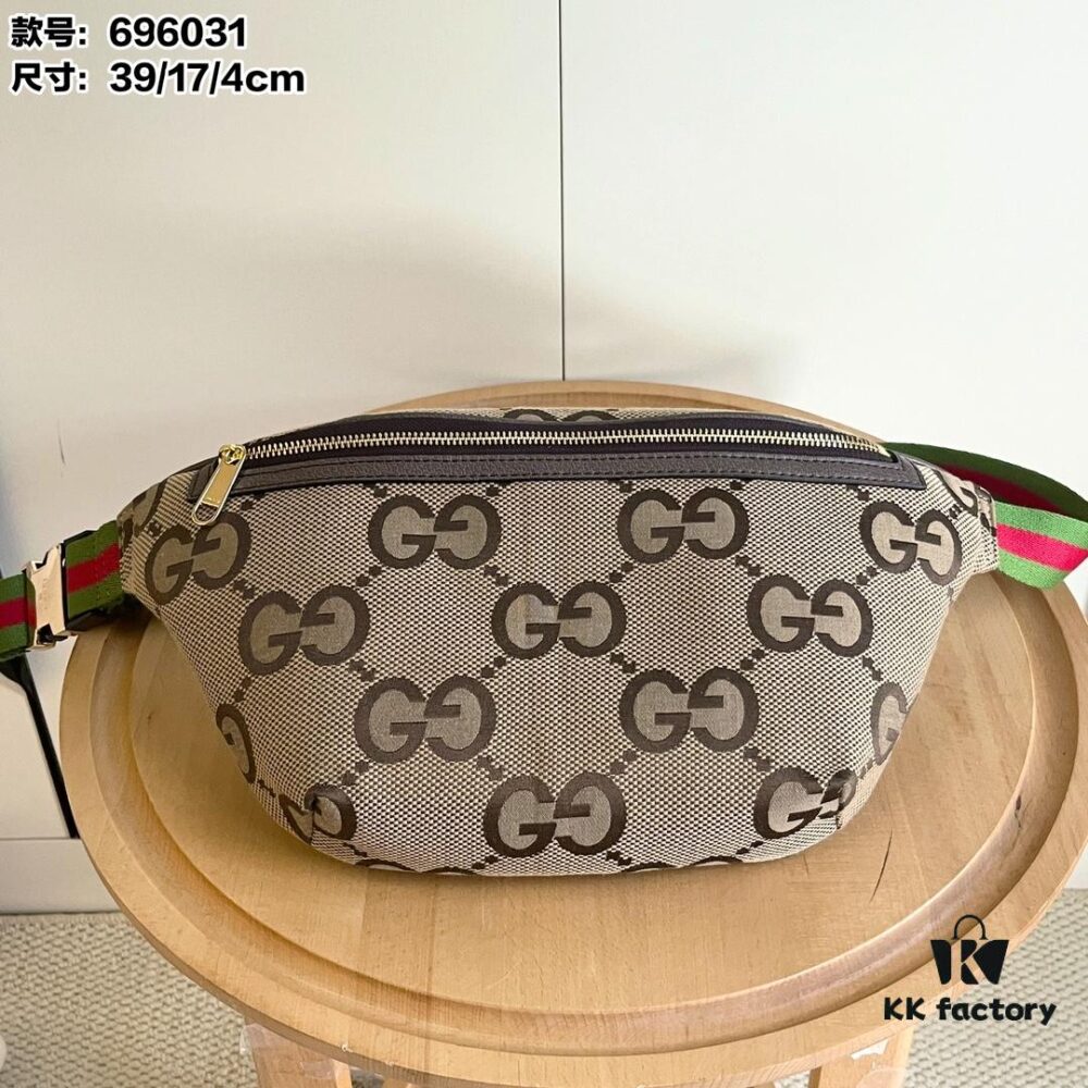 Gucci Super Double G Jumbo Series Waist Bag, Model No. 696031 Coffee Fabric Upgraded Version, Original Order Fabric with Red-Green Webbing