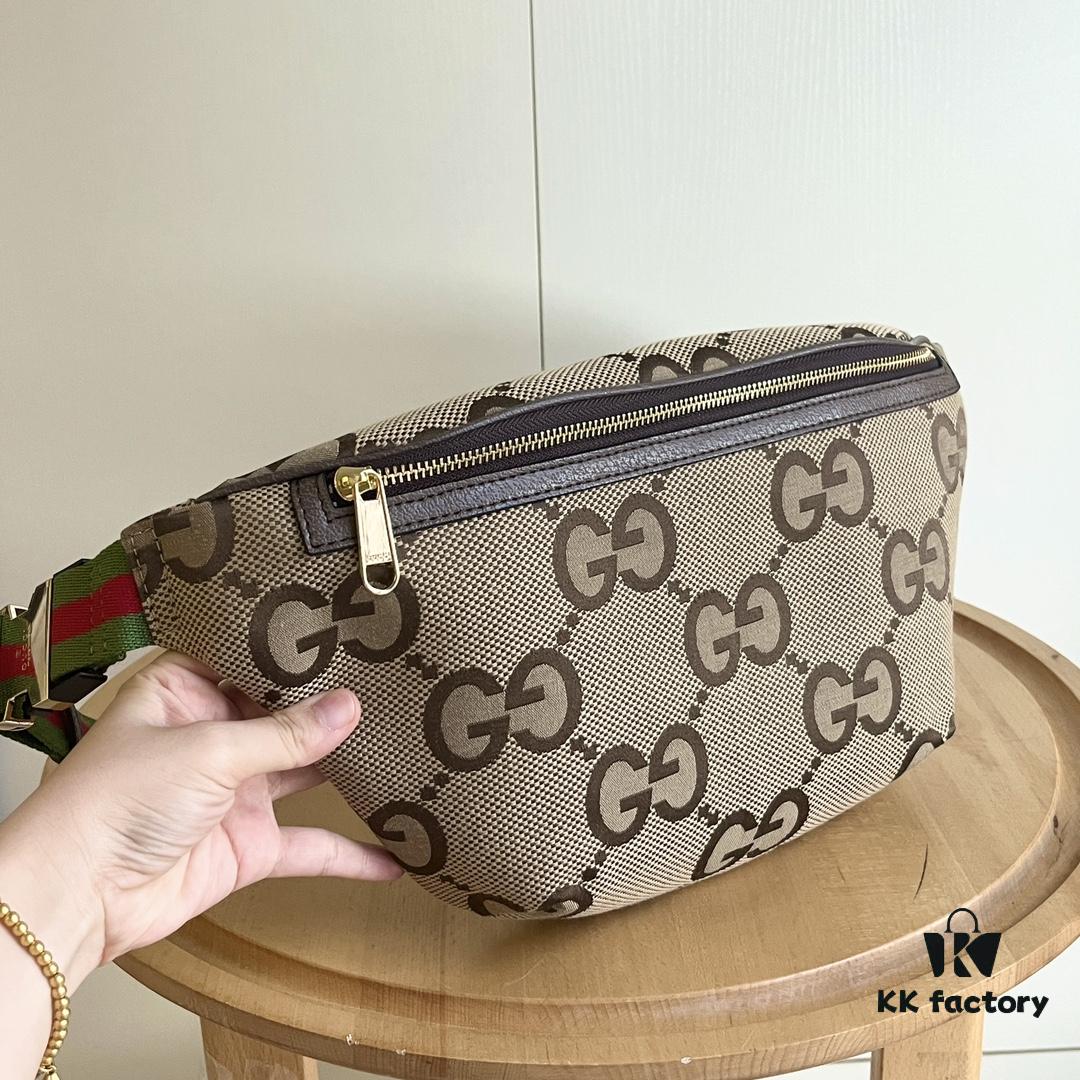 Gucci Super Double G Jumbo Series Waist Bag, Model No. 696031 Coffee Fabric Upgraded Version, Original Order Fabric with Red-Green Webbing
