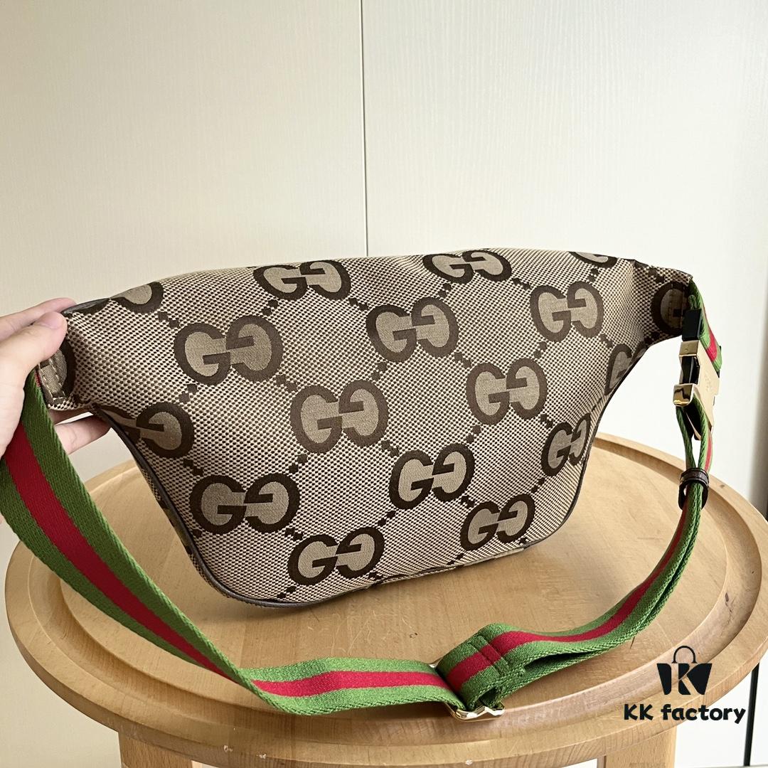 Gucci Super Double G Jumbo Series Waist Bag, Model No. 696031 Coffee Fabric Upgraded Version, Original Order Fabric with Red-Green Webbing