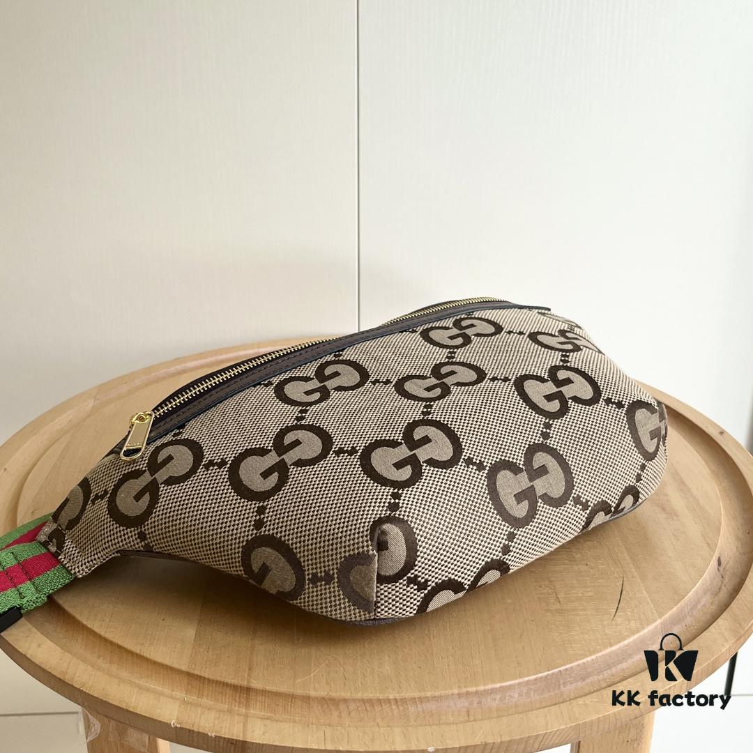 Gucci Super Double G Jumbo Series Waist Bag, Model No. 696031 Coffee Fabric Upgraded Version, Original Order Fabric with Red-Green Webbing