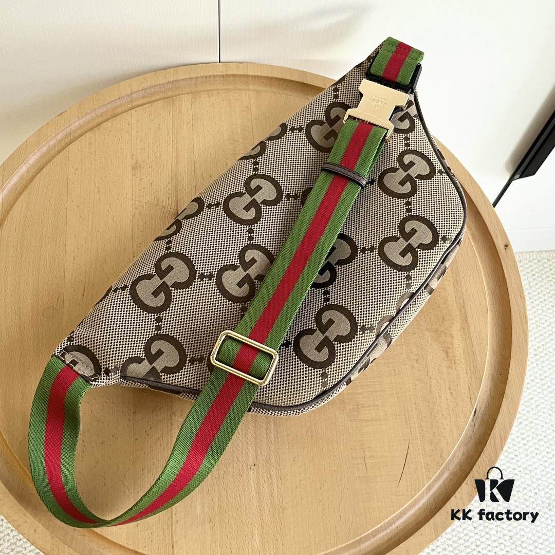 Gucci Super Double G Jumbo Series Waist Bag, Model No. 696031 Coffee Fabric Upgraded Version, Original Order Fabric with Red-Green Webbing