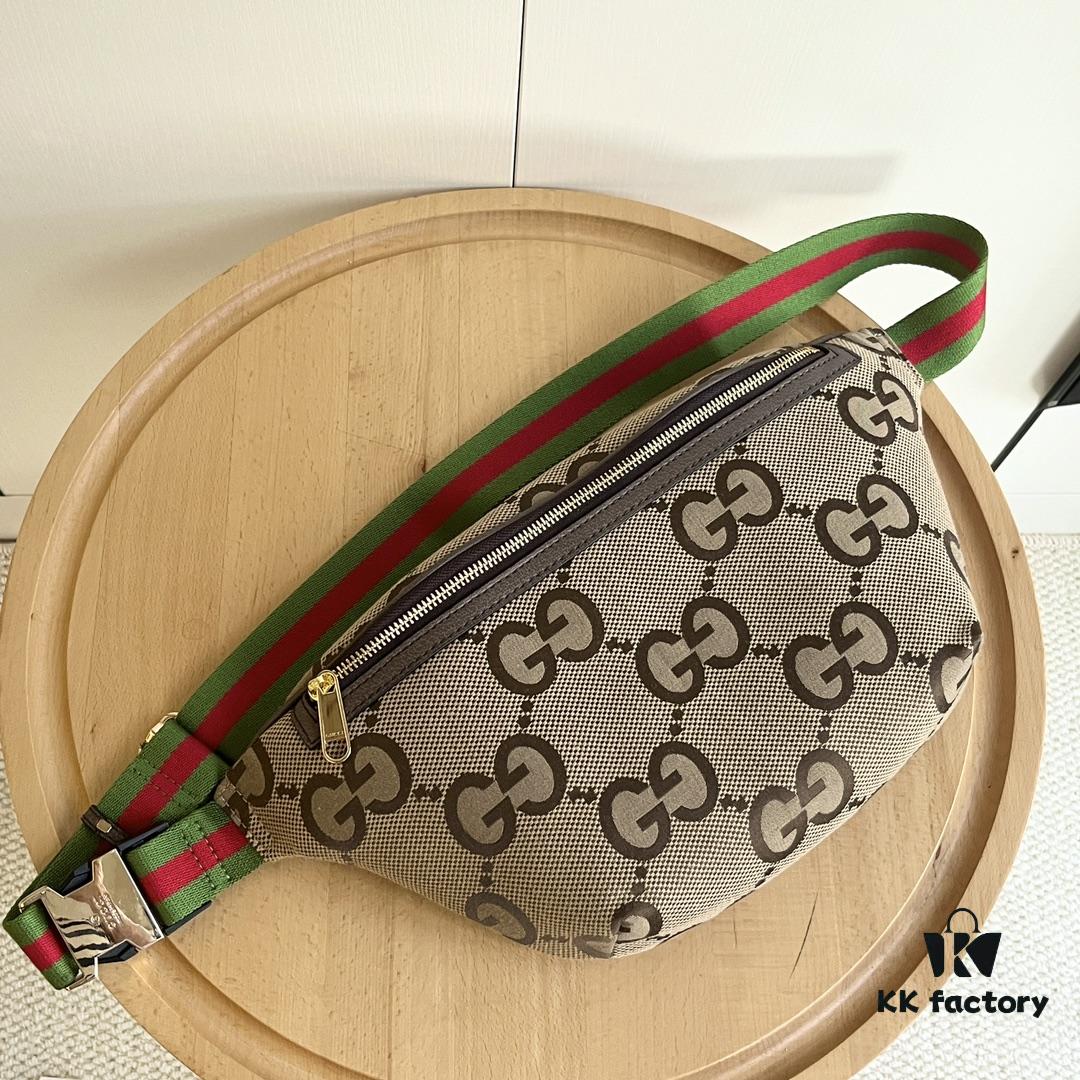 Gucci Super Double G Jumbo Series Waist Bag, Model No. 696031 Coffee Fabric Upgraded Version, Original Order Fabric with Red-Green Webbing