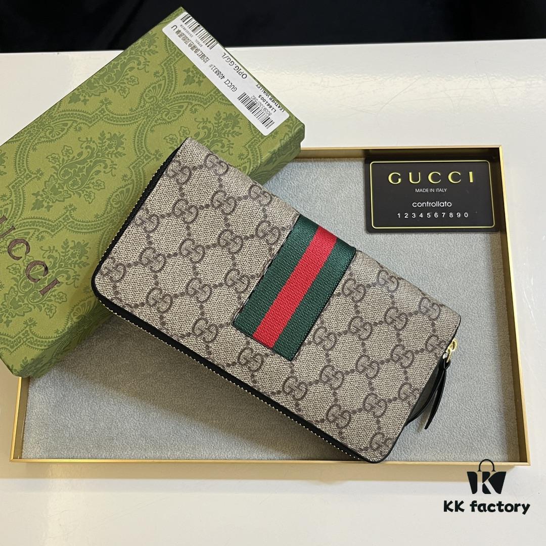 Gucci GG Supreme Canvas Full-Zip Wallet with Web Stripe