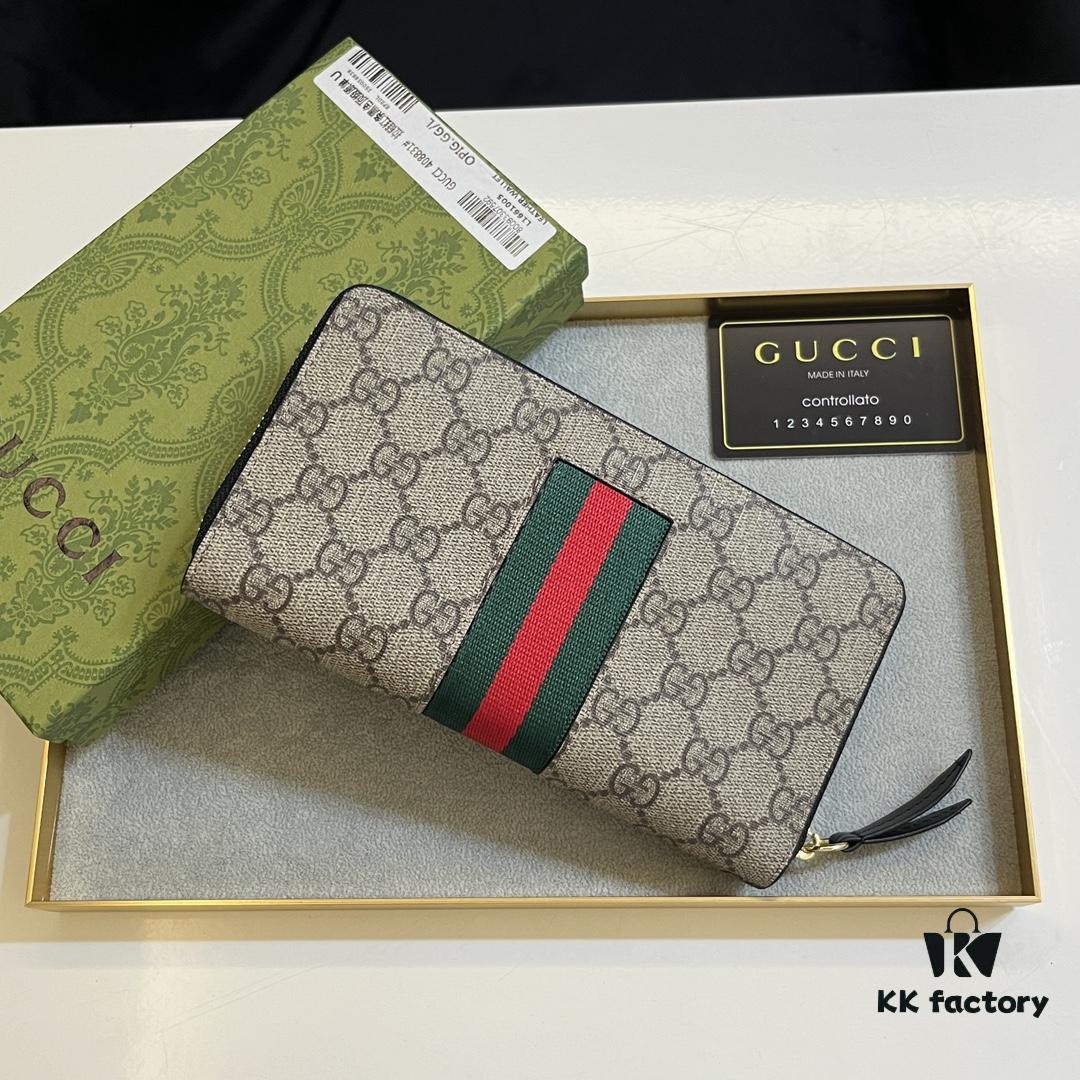 Gucci GG Supreme Canvas Full-Zip Wallet with Web Stripe
