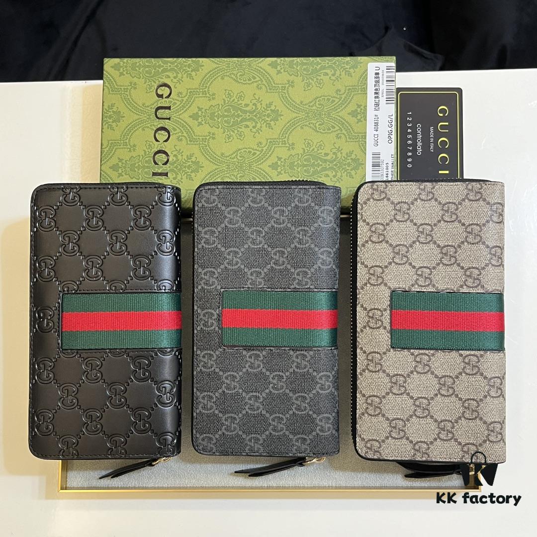 Gucci GG Supreme Canvas Full-Zip Wallet with Web Stripe