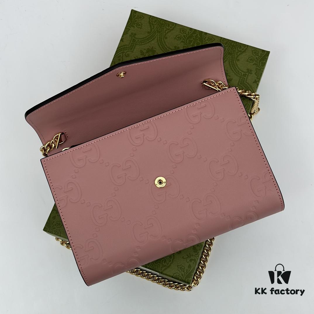 GUCCI Counter Quality, Top Original Single Item, Real Photo! Model No. 781555 Light Pink Embossed, Size: 20cm (W) x 13cm (H) x 6cm (D), In Stock for Immediate Shipment