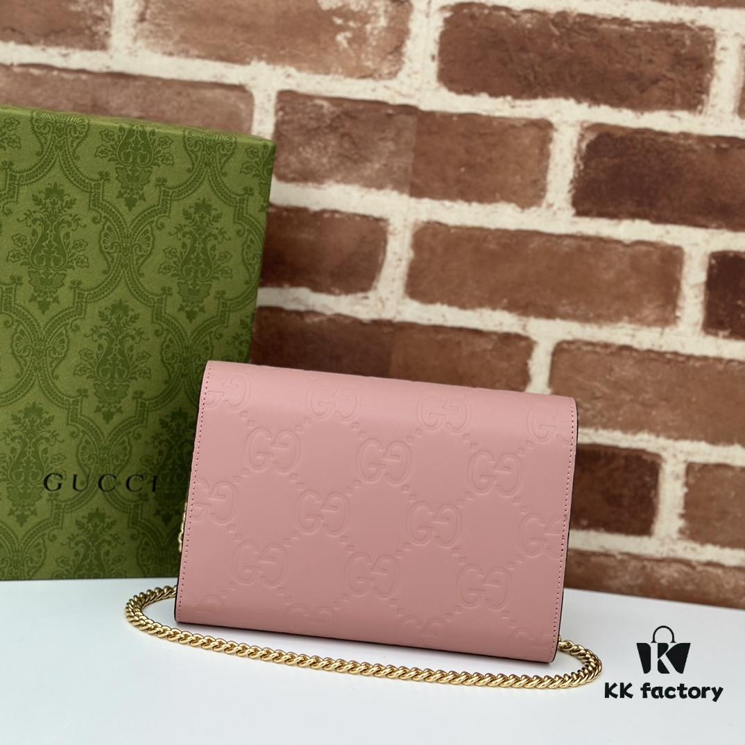 GUCCI Counter Quality, Top Original Single Item, Real Photo! Model No. 781555 Light Pink Embossed, Size: 20cm (W) x 13cm (H) x 6cm (D), In Stock for Immediate Shipment