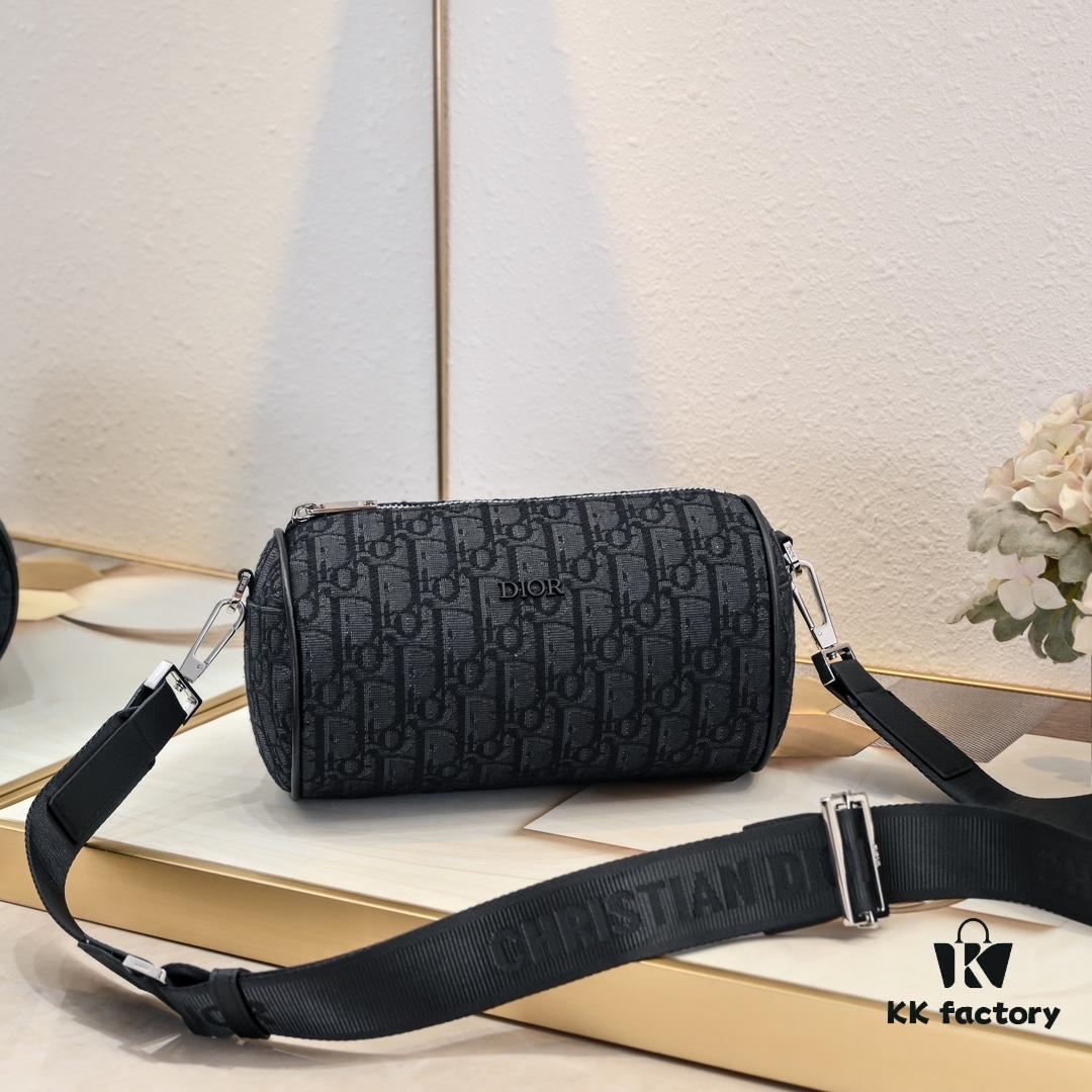 Upgraded Release Original Dior 2024 Spring/Summer New Arrival OBLIQUE Printed Canvas Cylindrical Tote Bag with Tiger Head Box Design, Black Fabric and Black Calfskin Adjustable Detachable Shoulder Strap, Full Logo Details, Unisex, Size: 21×13×13cm