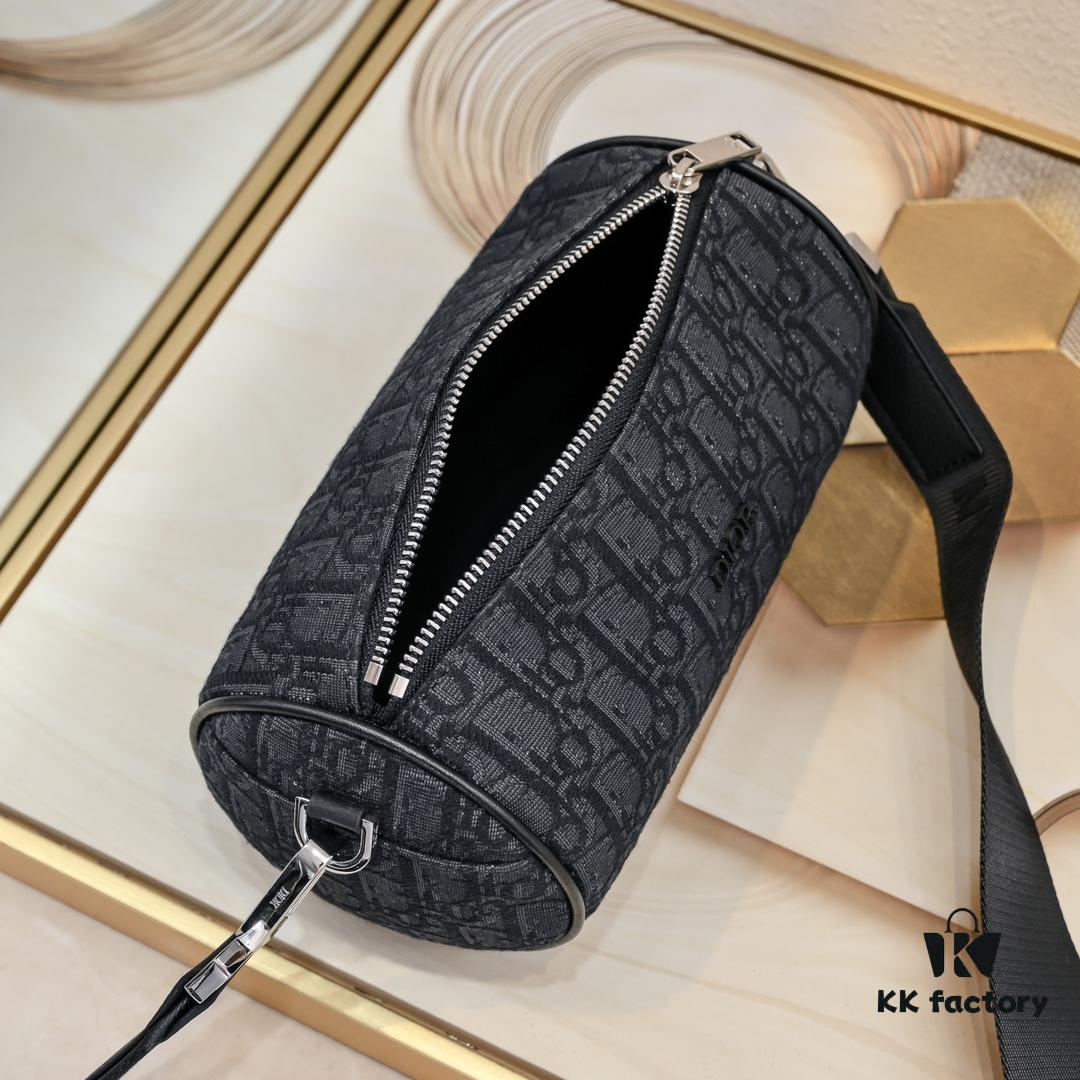 Upgraded Release Original Dior 2024 Spring/Summer New Arrival OBLIQUE Printed Canvas Cylindrical Tote Bag with Tiger Head Box Design, Black Fabric and Black Calfskin Adjustable Detachable Shoulder Strap, Full Logo Details, Unisex, Size: 21×13×13cm