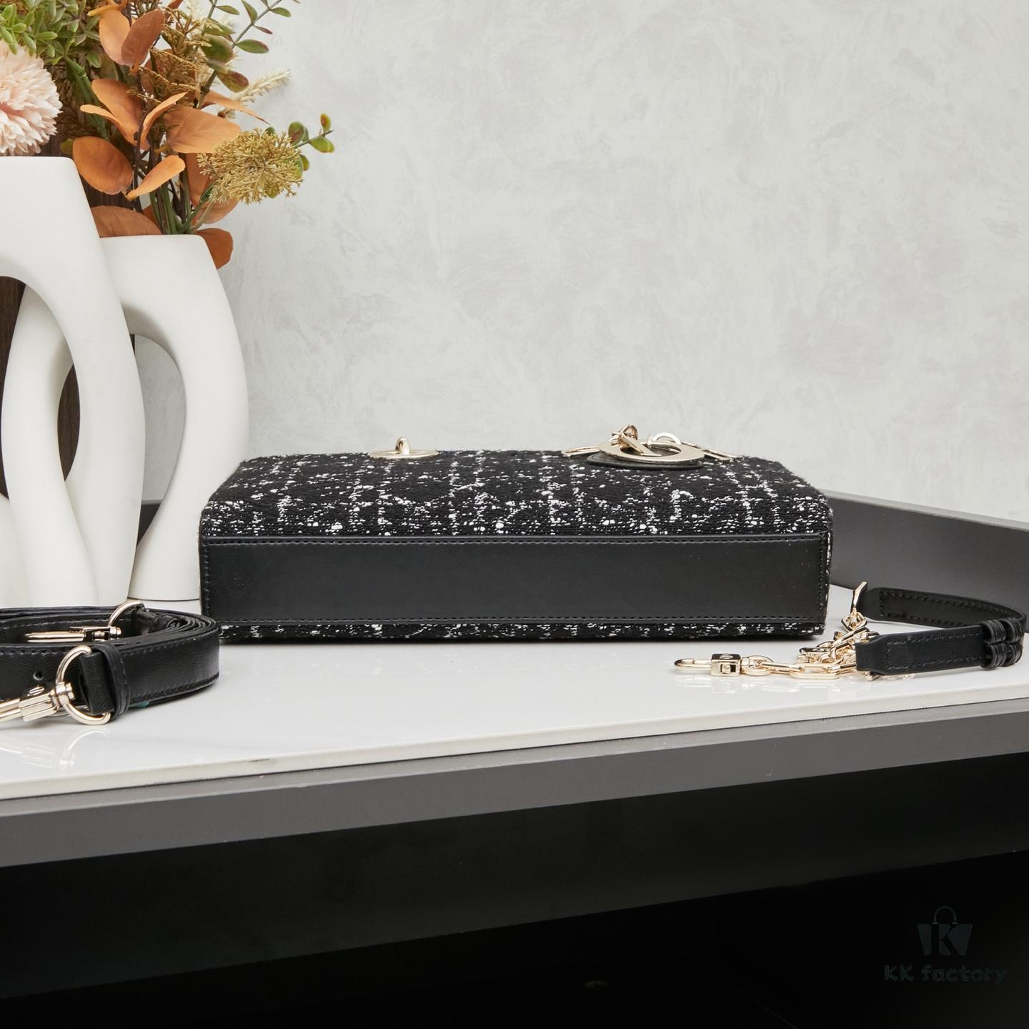 Lady Dior Tweed Black Leather Bag with Box