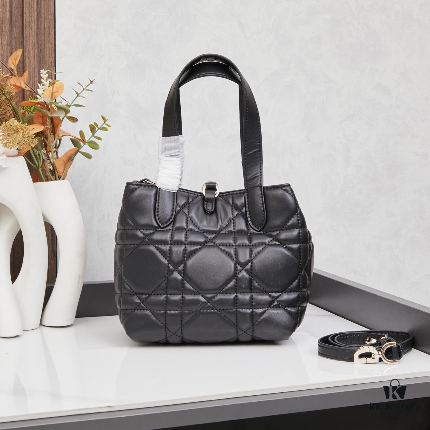 Dior Toujours Small Vertical Handbag in Black Calfskin with Cannage Stitching