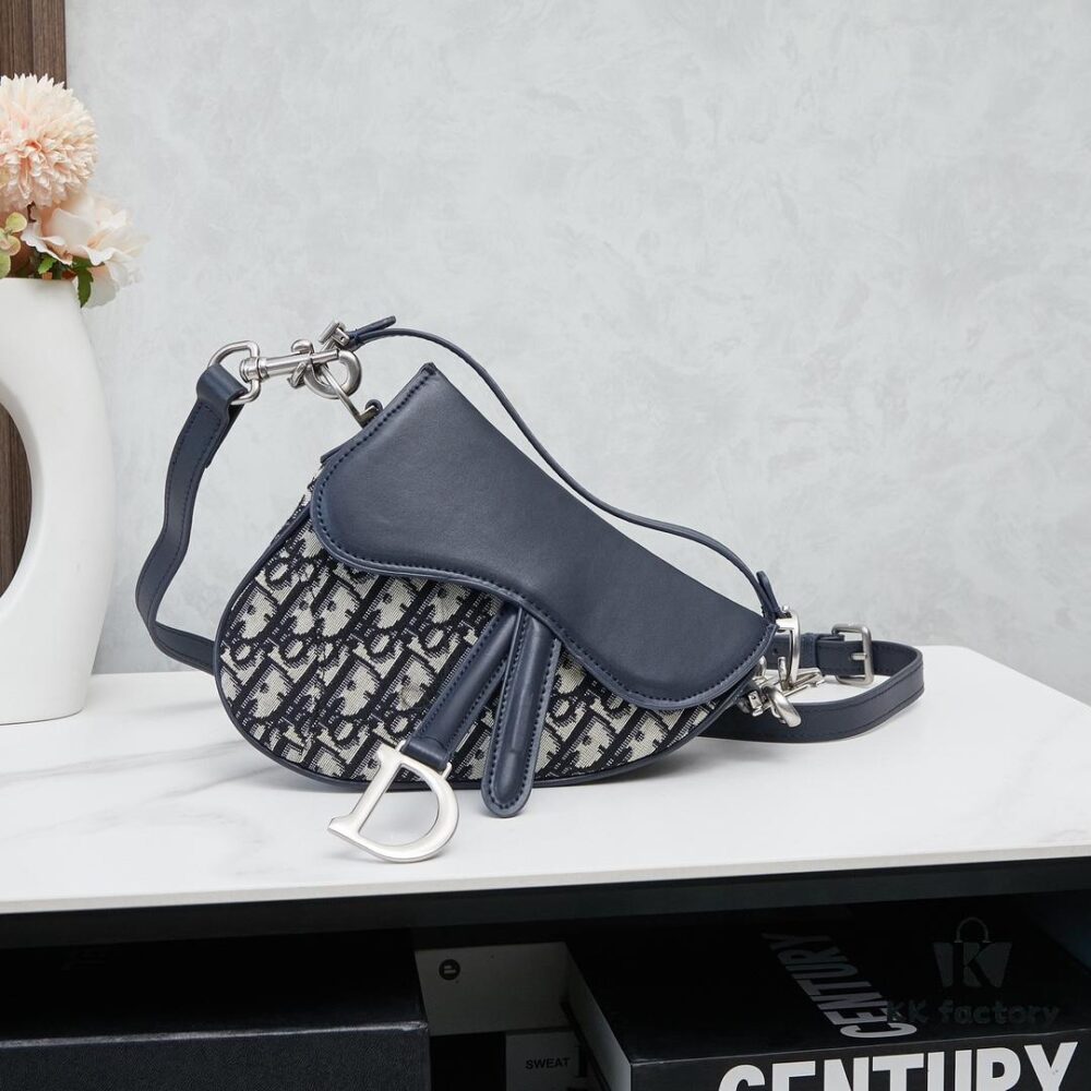 Small Blue Dior Saddle Bag with Box, New Model Silver Buckle