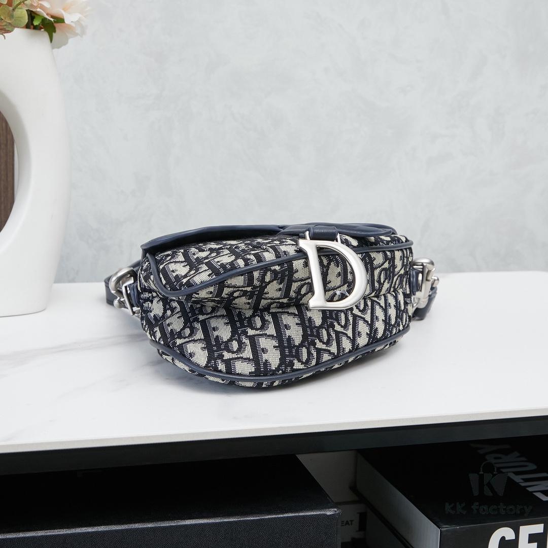 Small Blue Dior Saddle Bag with Box, New Model Silver Buckle