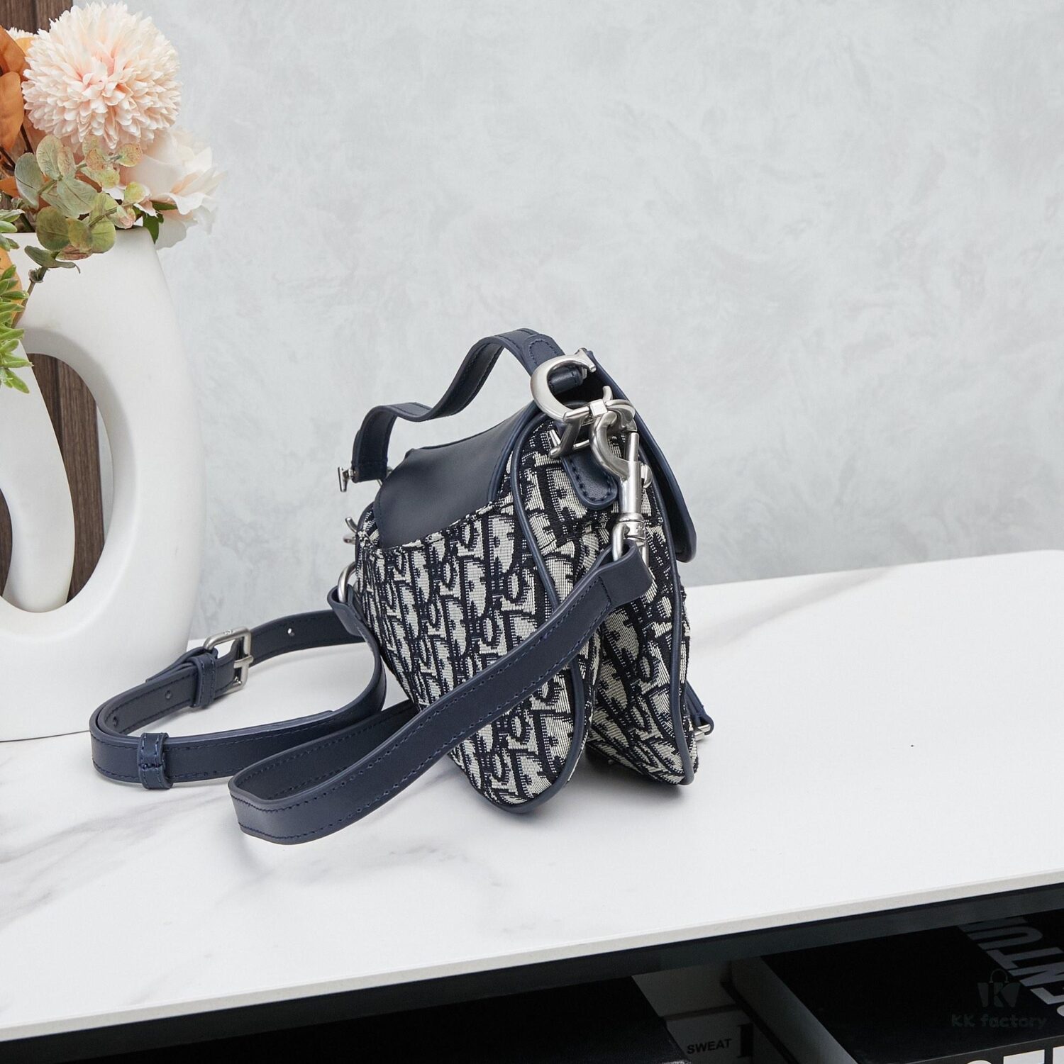 Small Blue Dior Saddle Bag with Box, New Model Silver Buckle