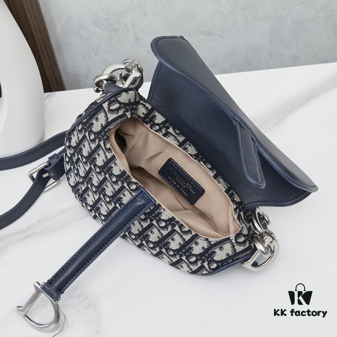 Small Blue Dior Saddle Bag with Box, New Model Silver Buckle