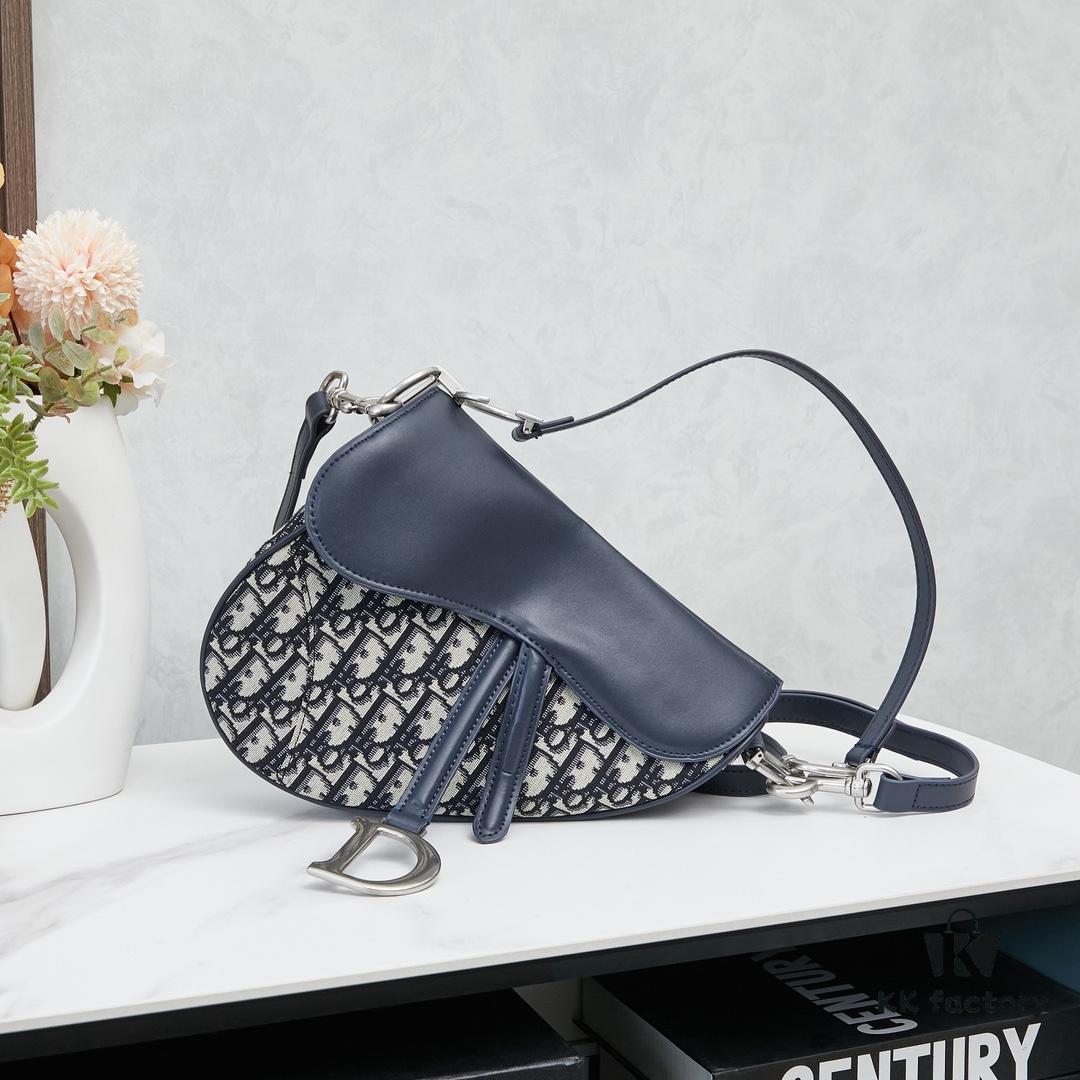 Large Blue Dior Saddle Bag with Box, New Model with Silver Buckle