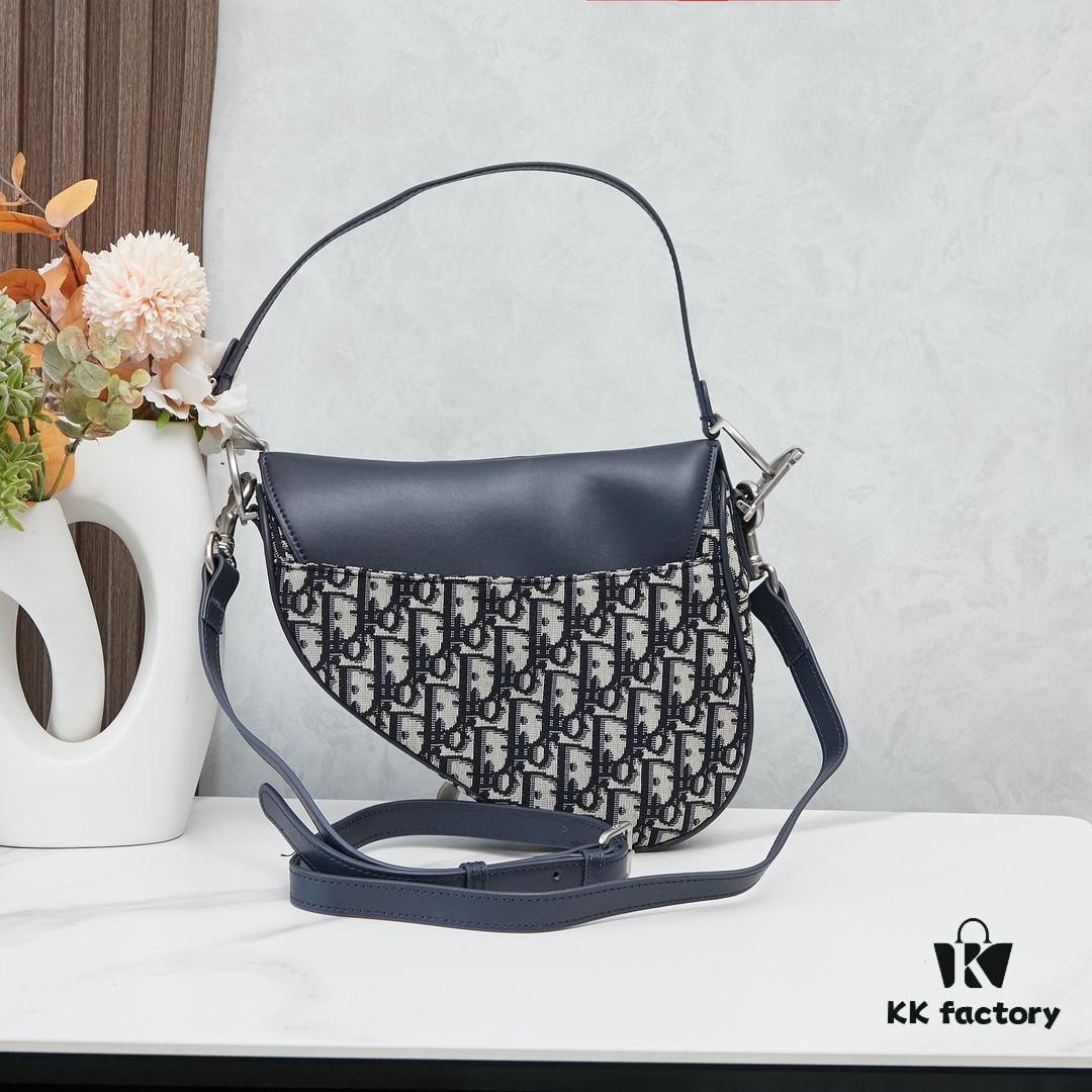 Large Blue Dior Saddle Bag with Box, New Model with Silver Buckle