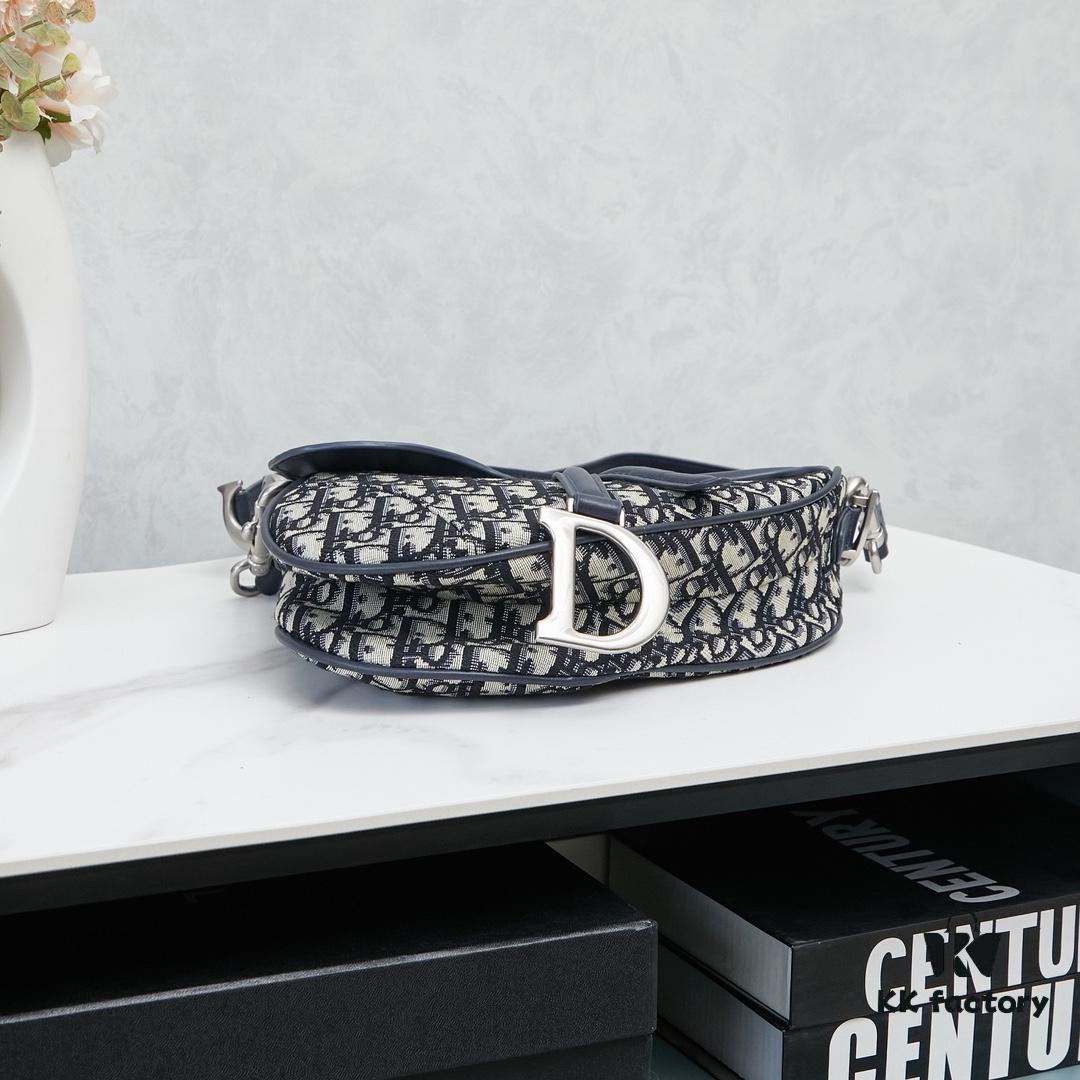 Large Blue Dior Saddle Bag with Box, New Model with Silver Buckle