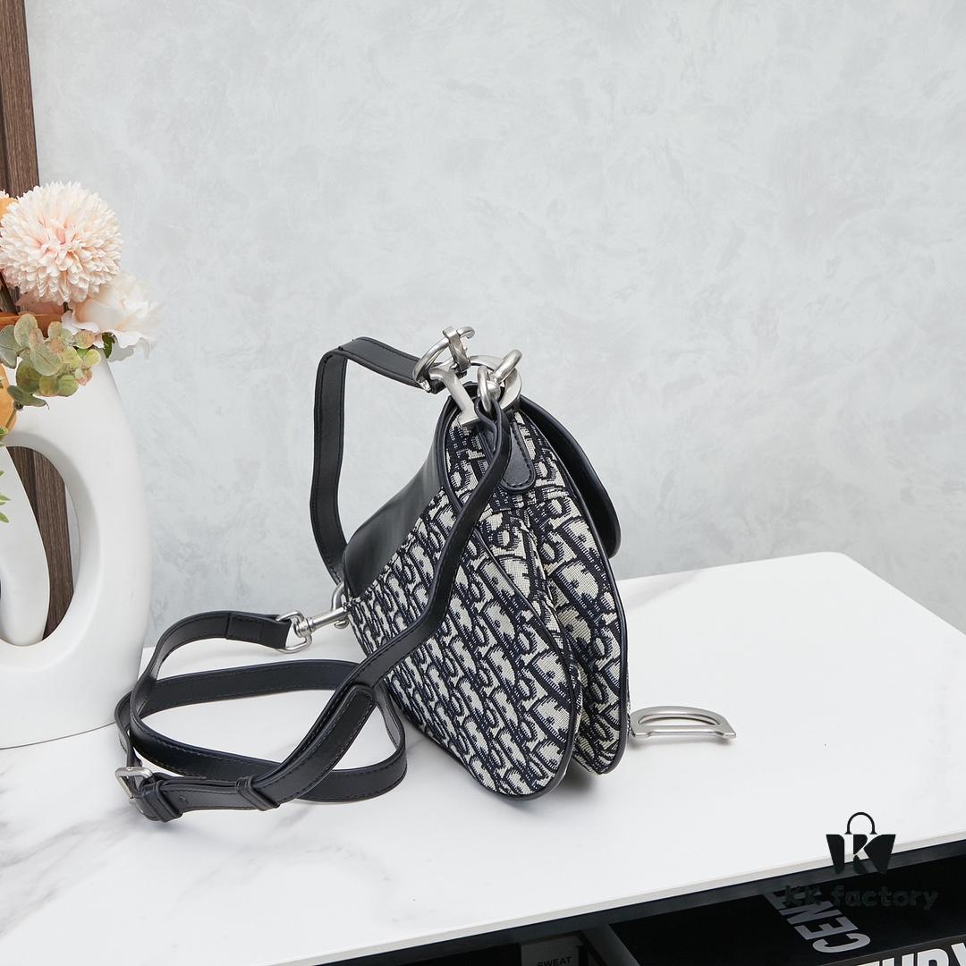 Large Black Dior Saddle Bag with Silver Buckle and Box