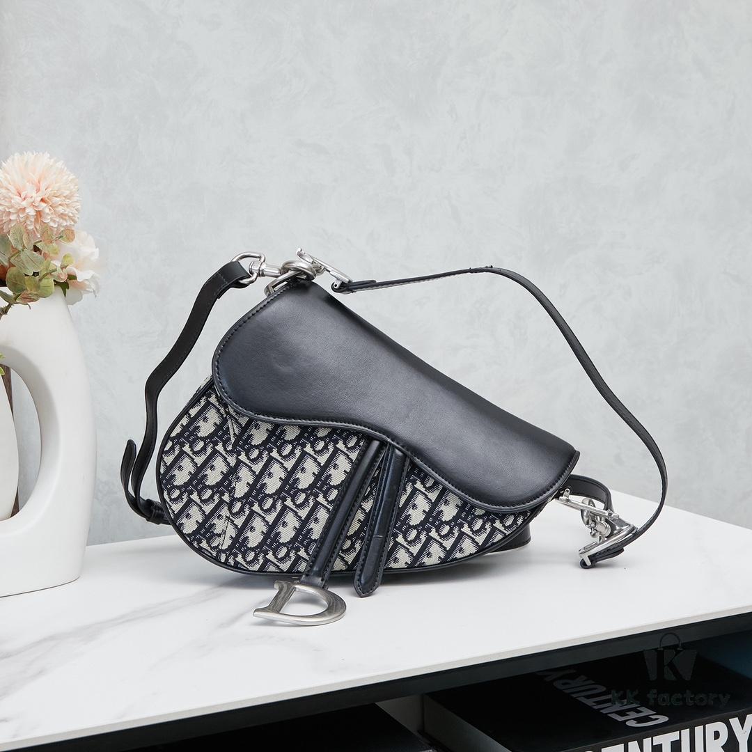 Large Black Dior Saddle Bag with Silver Buckle and Box