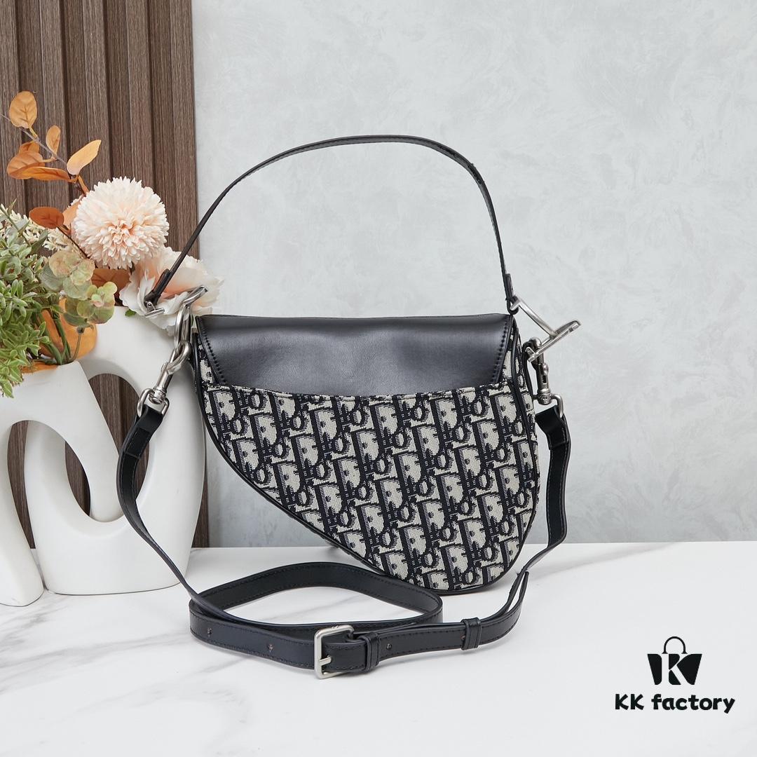 Large Black Dior Saddle Bag with Silver Buckle and Box