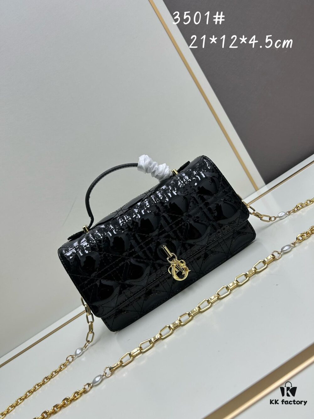 Lacquered Leather Lady Dior Pearl Clutch with Box