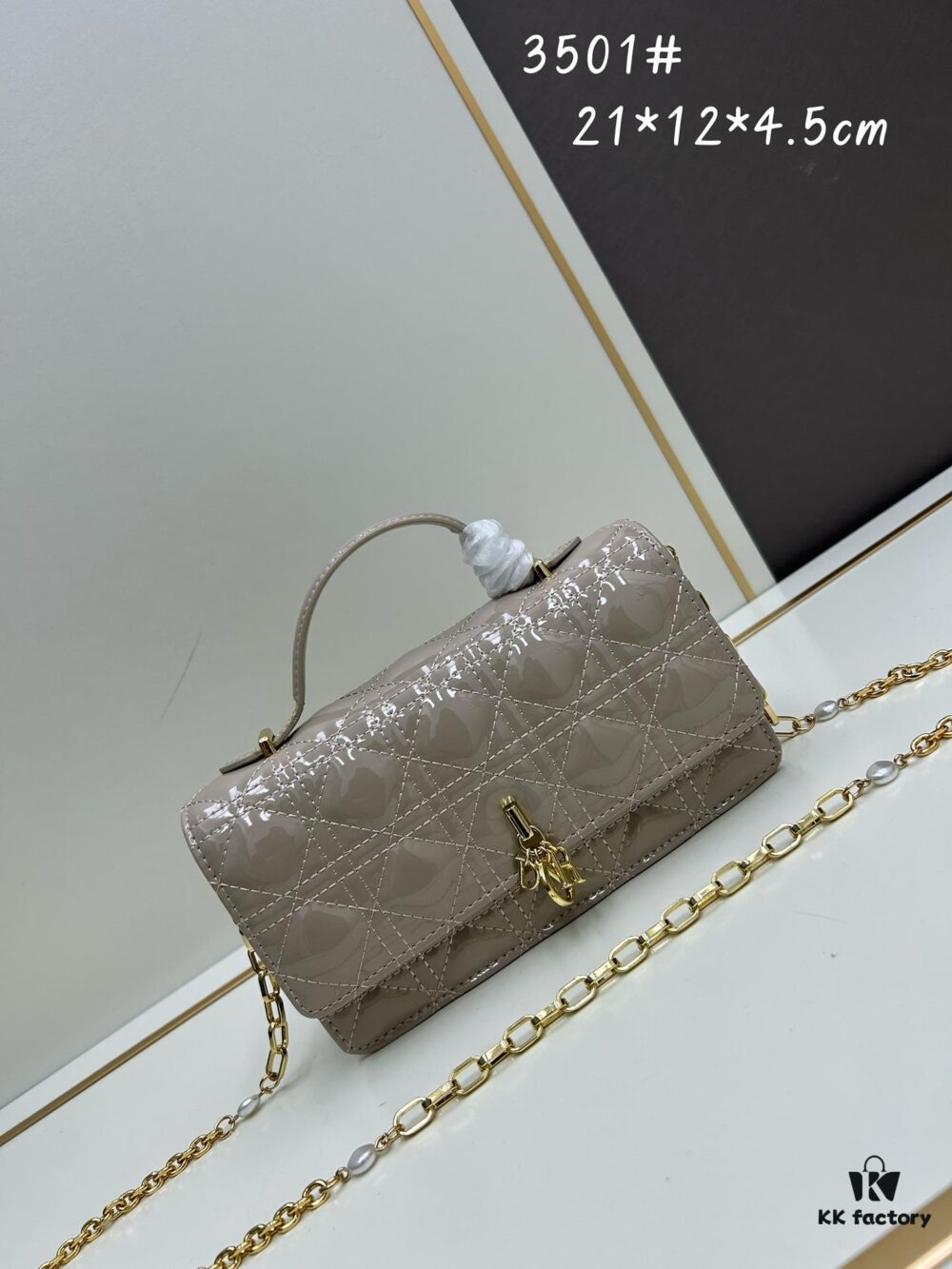 Lacquered Leather Lady Dior Pearl Clutch with Box