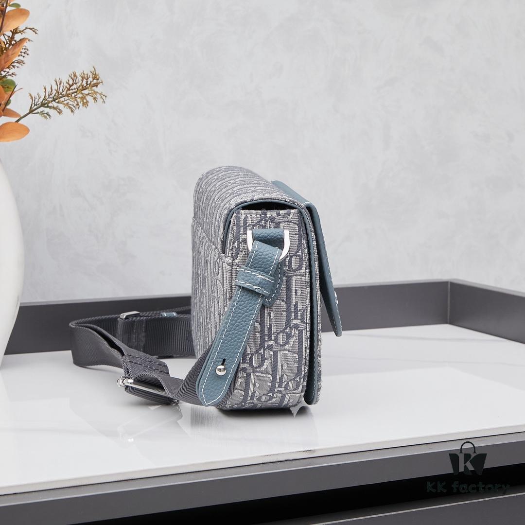 Saddle Messenger Bag with Box (Beige and Black Oblique Print Fabric with Black Grained Calfskin Trim)