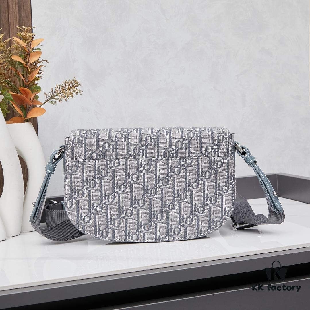 Saddle Messenger Bag with Box (Beige and Black Oblique Print Fabric with Black Grained Calfskin Trim)