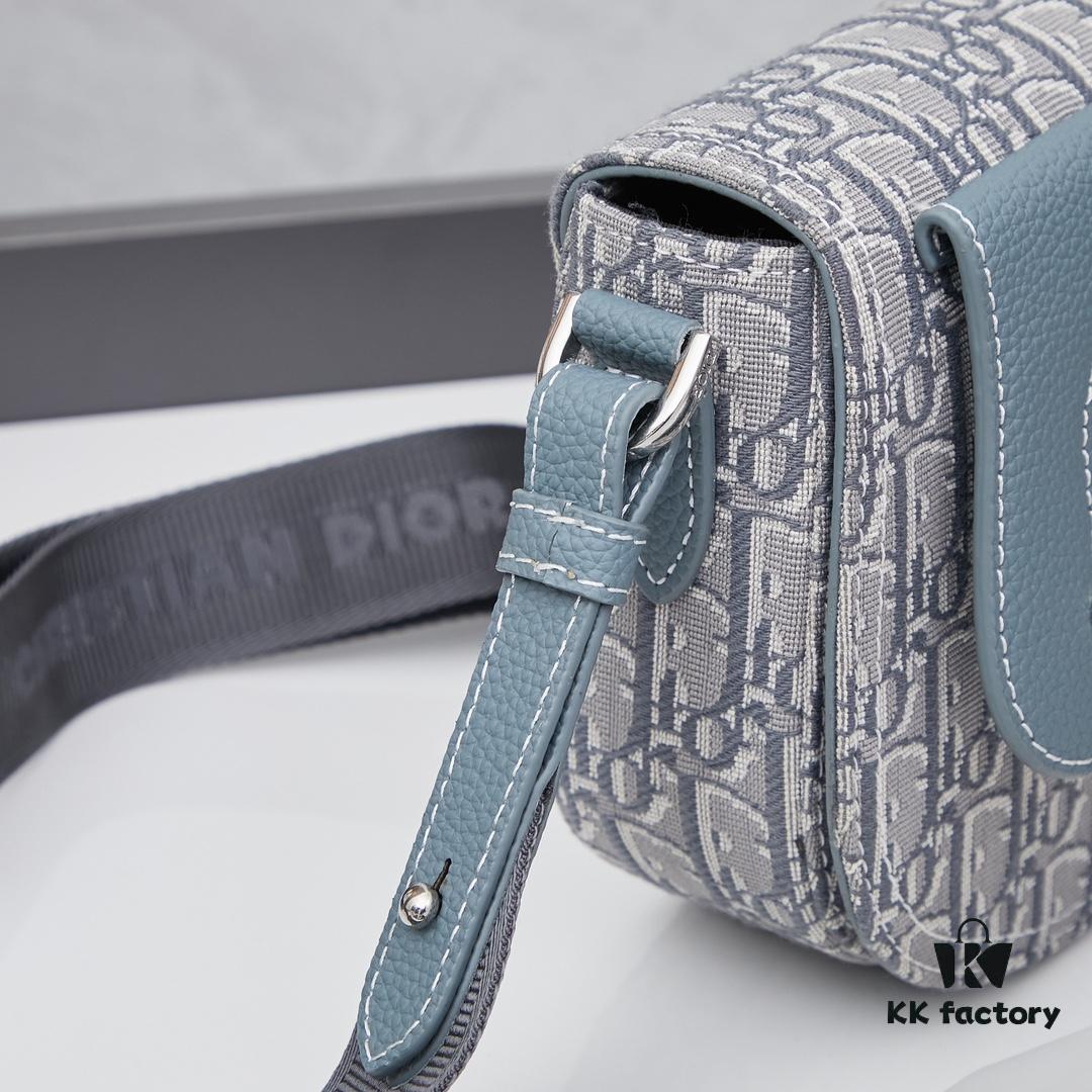 Saddle Messenger Bag with Box (Beige and Black Oblique Print Fabric with Black Grained Calfskin Trim)