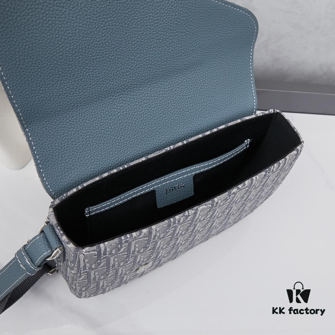 Saddle Messenger Bag with Box (Beige and Black Oblique Print Fabric with Black Grained Calfskin Trim)