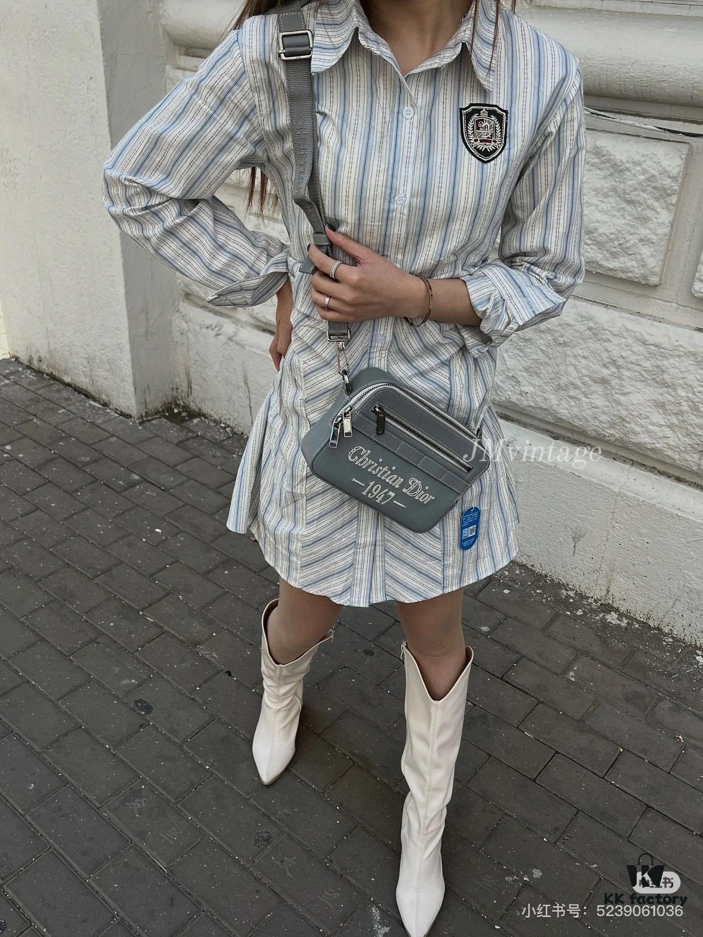 Dior Gray Camera-Grained Calfskin Messenger Bag | Safari Style | Compact Design with Detachable Strap