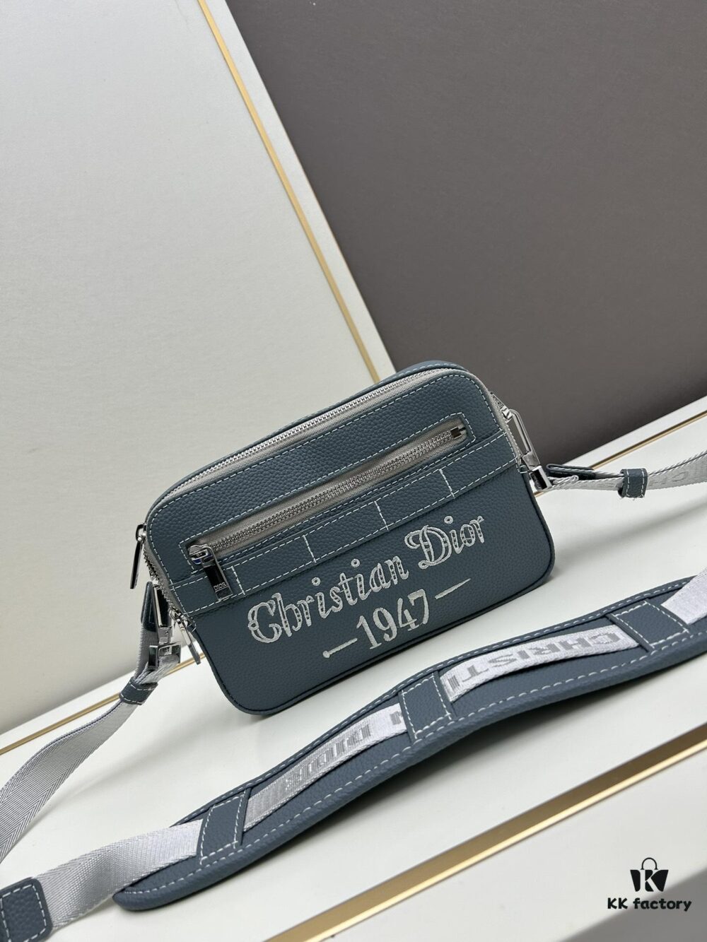 Dior Gray Camera-Grain Calfskin Messenger Bag | Safari Style | Compact Design with Detachable Strap