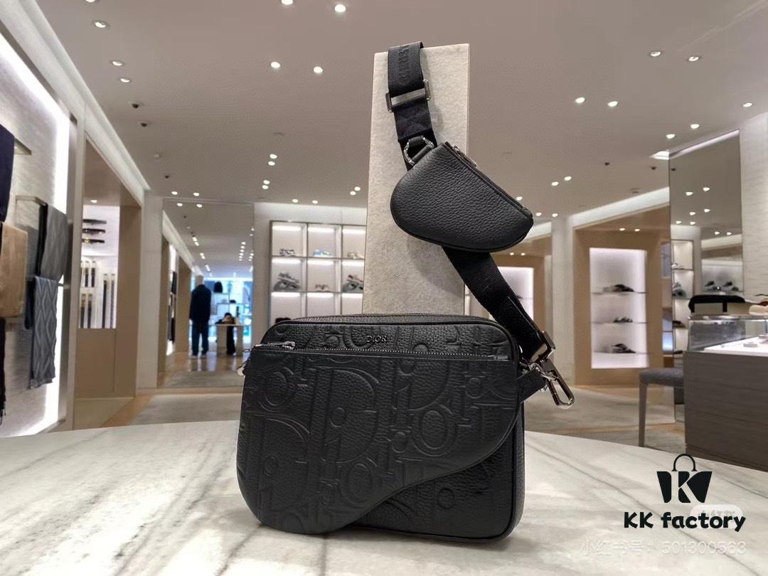 Saddle Three-Piece Bag Set in Black Oblique Embossed Fabric