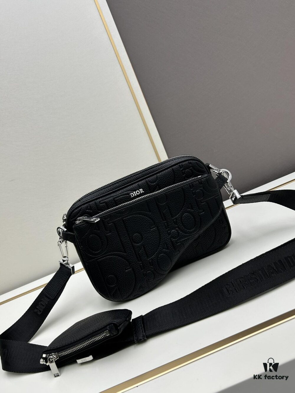 Saddle Three-Piece Bag Set in Black Oblique Embossed Fabric