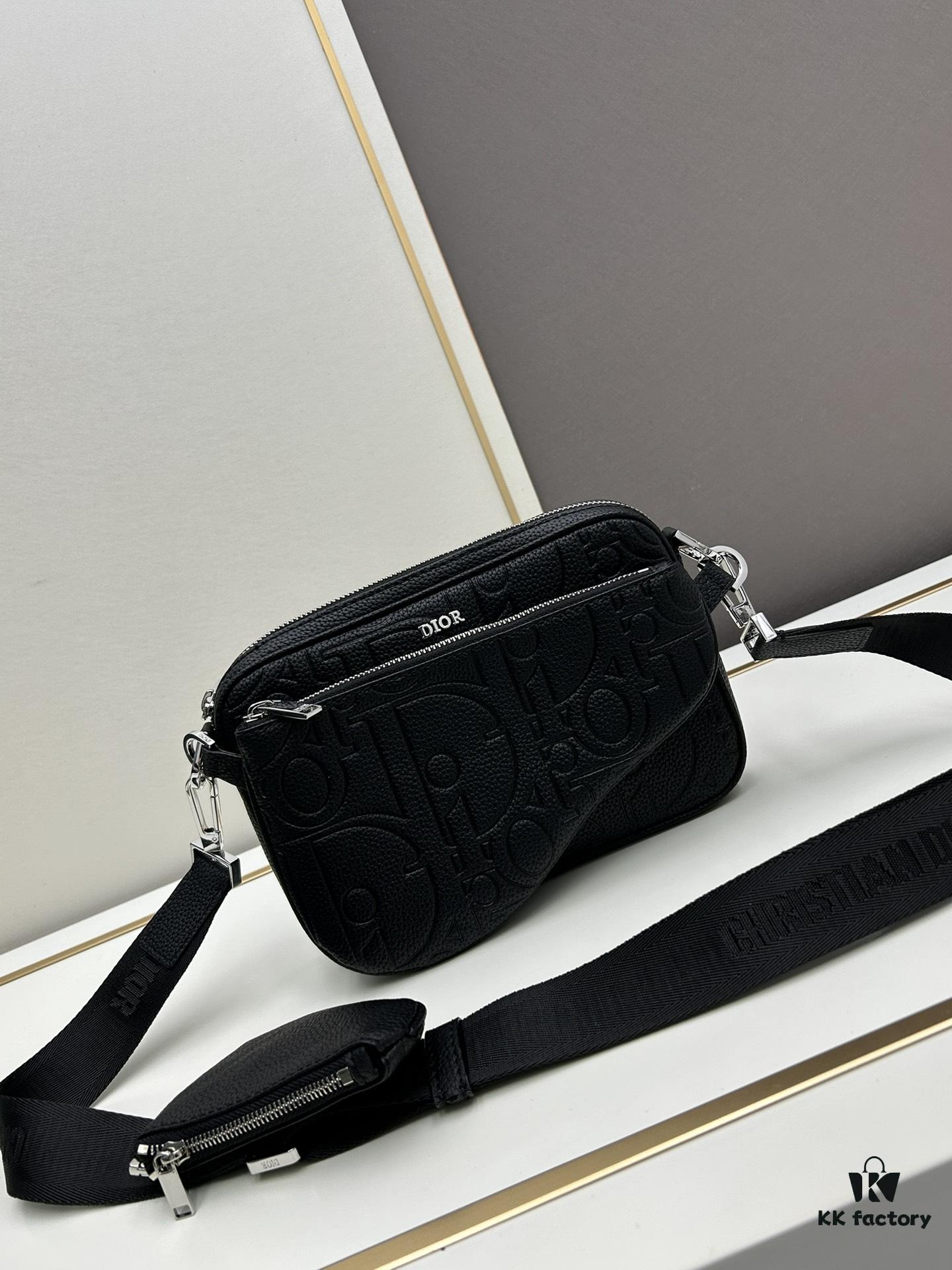 Saddle Three-Piece Bag Set in Black Oblique Embossed Fabric